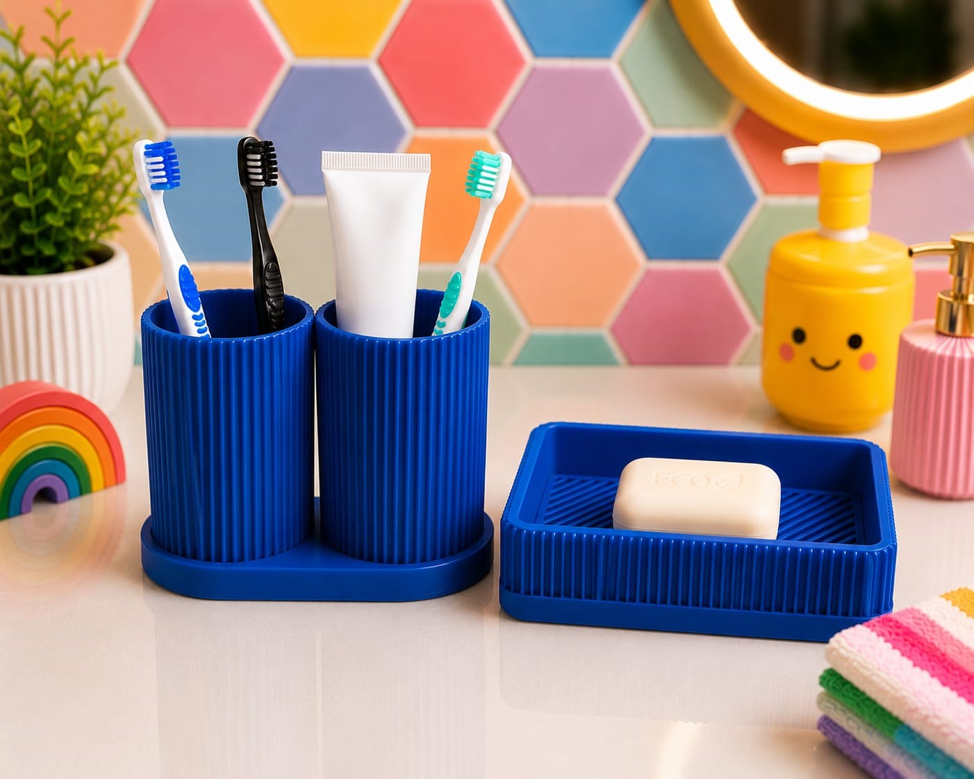 3D Baskı Diş Fırçalık ve Sabunluk Seti - Lavabo Üstü Banyo Organizeri-Mavi