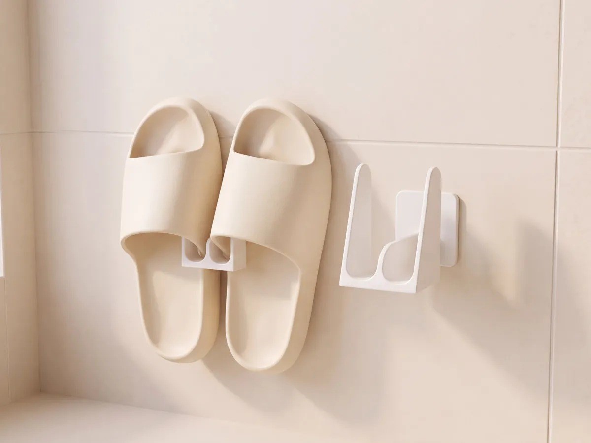 3D Baskı Duvara Monte Banyo Terlik Askısı Minimalist Terlik Rafı Delmeden Yapıştırmalı Beyaz