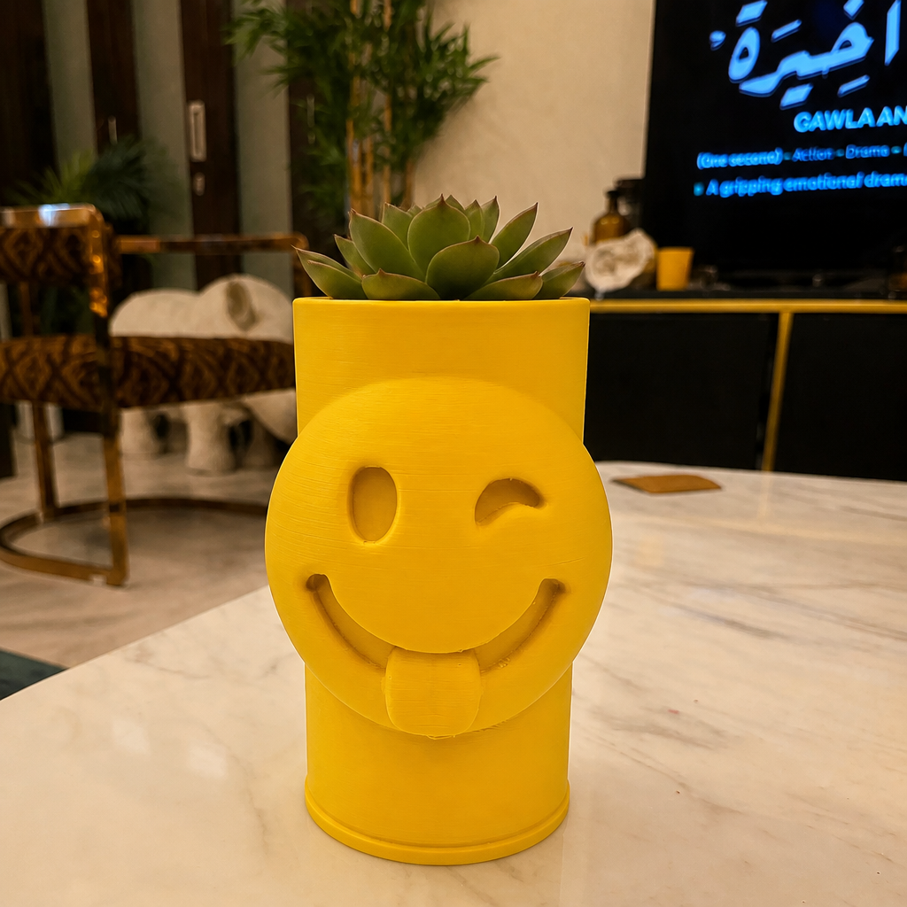 3D Baskı Emoji Planter - Göz Kırpan Yüzlü Sukulent Saksısı-Sarı