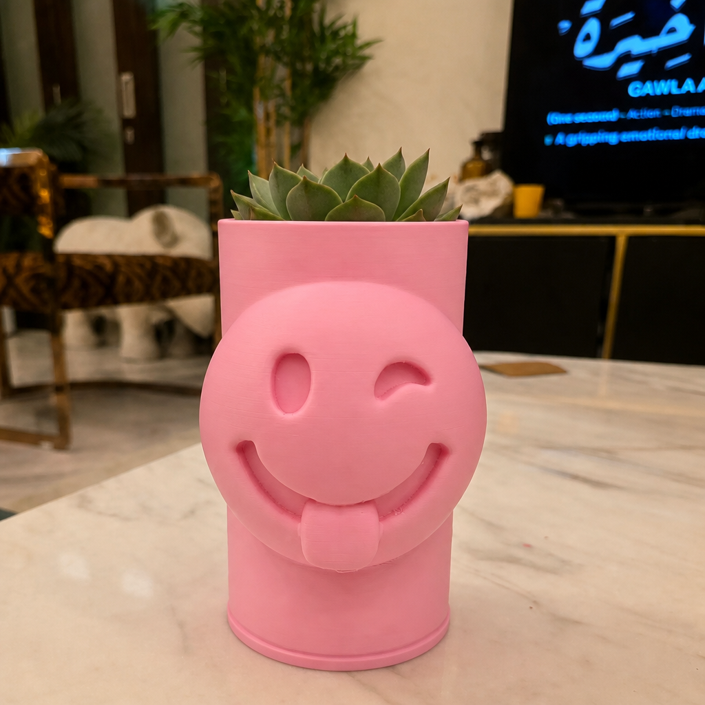 3D Baskı Emoji Planter - Göz Kırpan Yüzlü Sukulent Saksısı-Pembe
