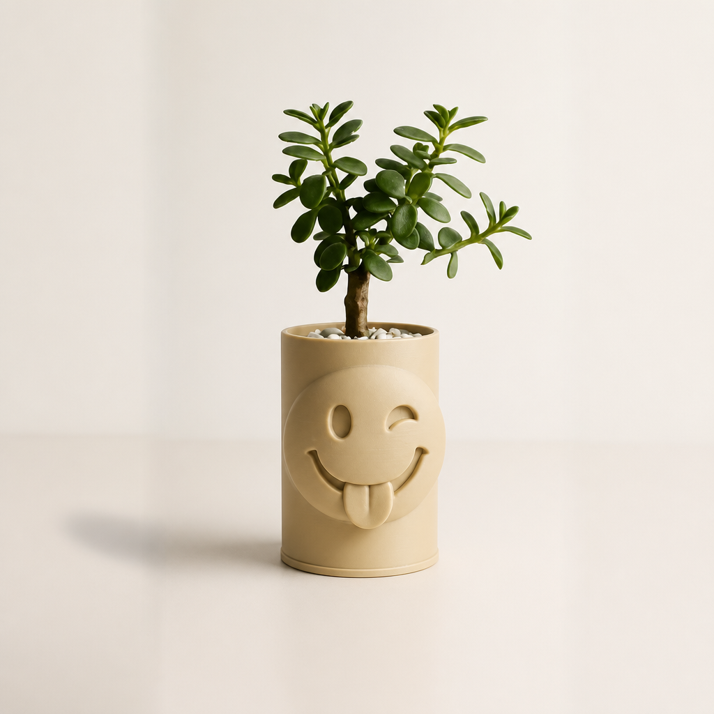 3D Baskı Emoji Planter - Göz Kırpan Yüzlü Sukulent Saksısı-Bej