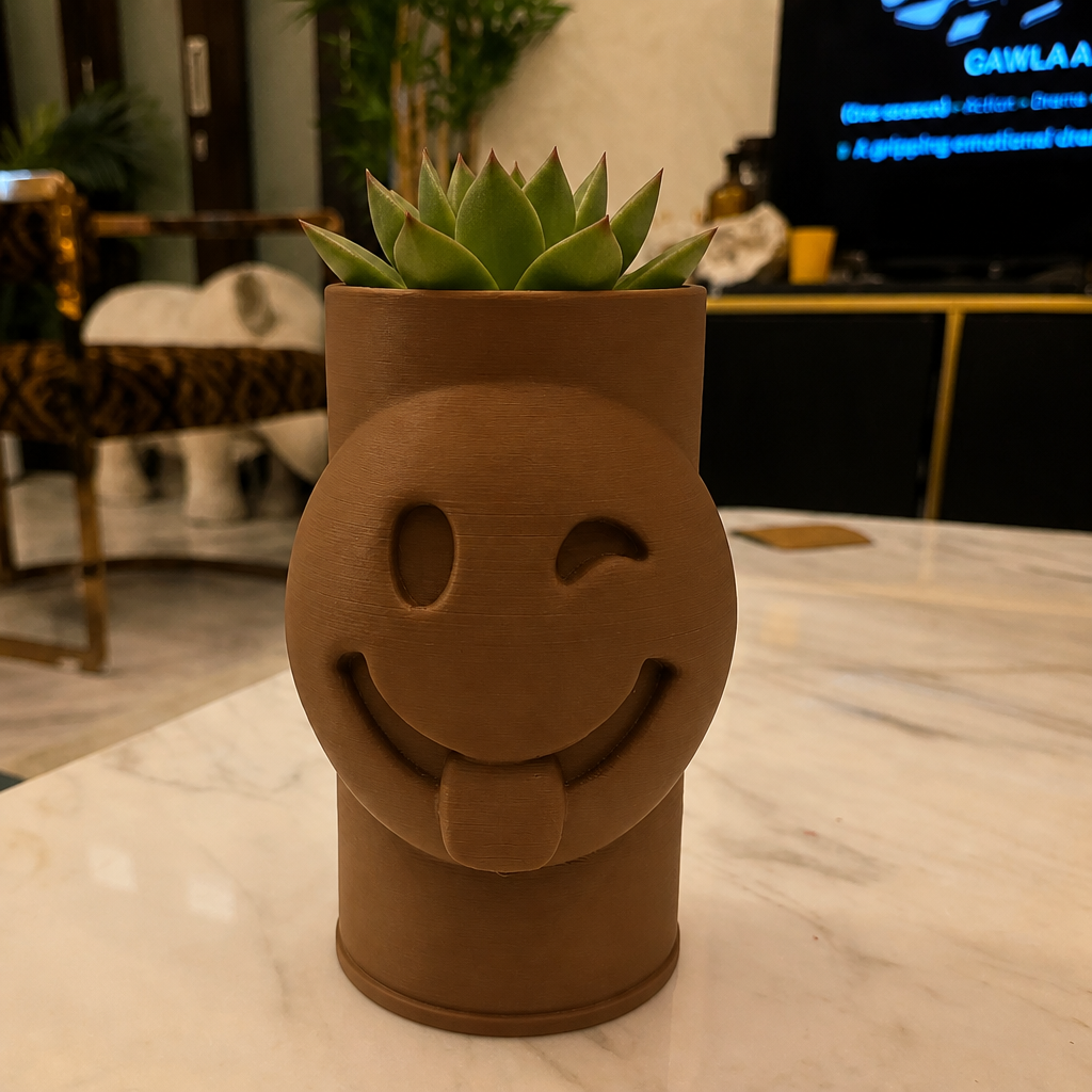 3D Baskı Emoji Planter - Göz Kırpan Yüzlü Sukulent Saksısı-Kahverengi