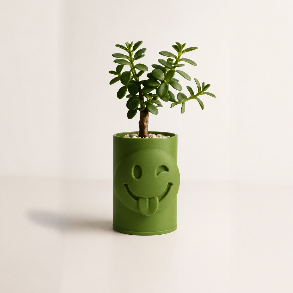 3D Baskı Emoji Planter - Göz Kırpan Yüzlü Sukulent Saksısı-Yeşil