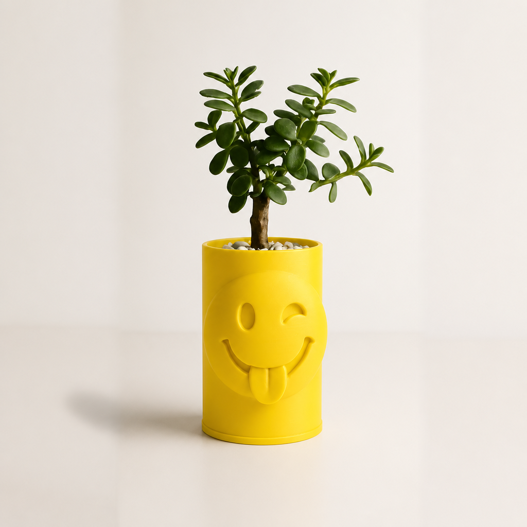 3D Baskı Emoji Planter - Göz Kırpan Yüzlü Sukulent Saksısı-Sarı