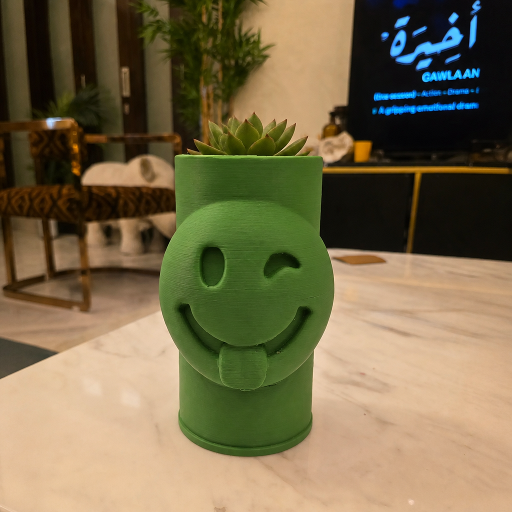 3D Baskı Emoji Planter - Göz Kırpan Yüzlü Sukulent Saksısı-Yeşil