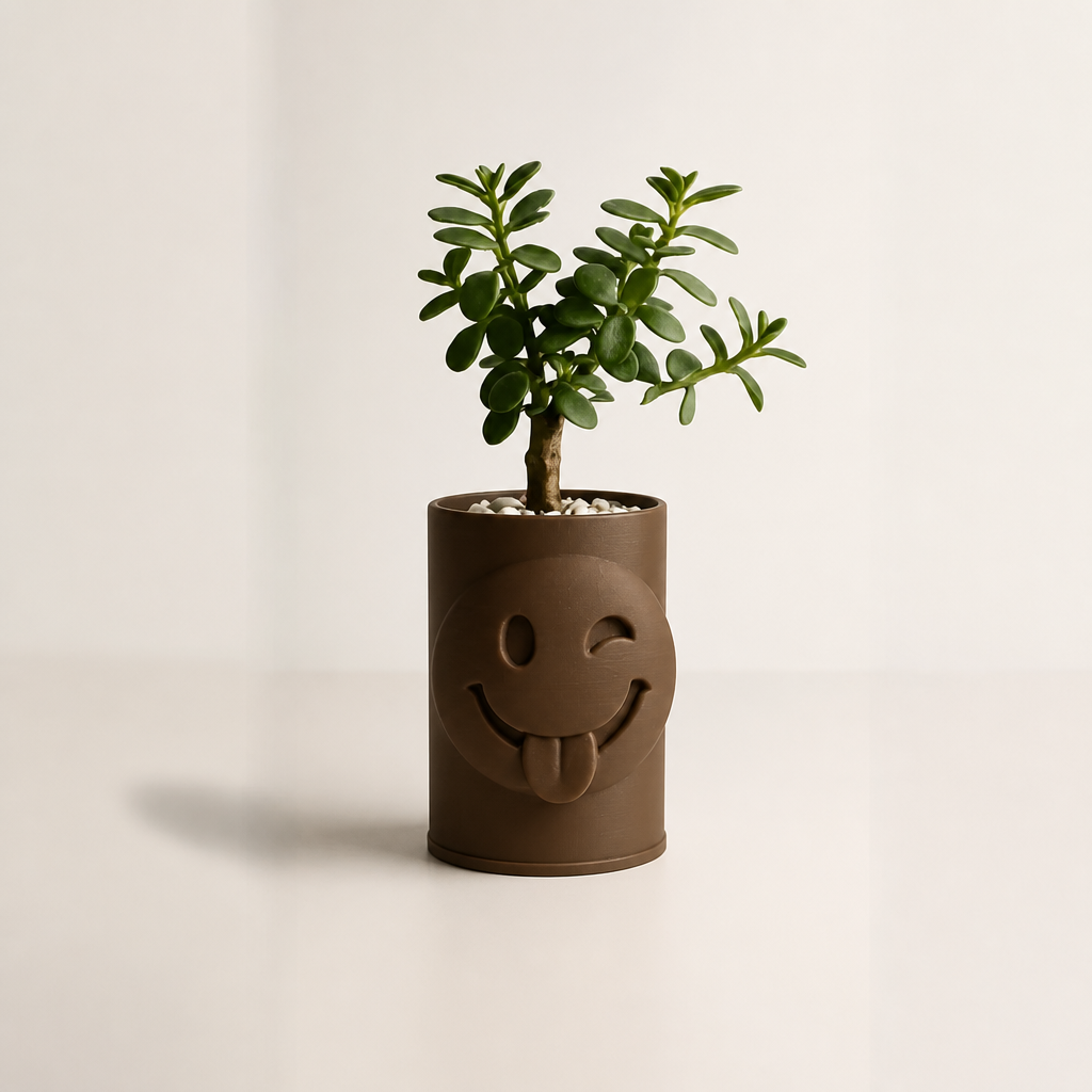 3D Baskı Emoji Planter - Göz Kırpan Yüzlü Sukulent Saksısı-Kahverengi