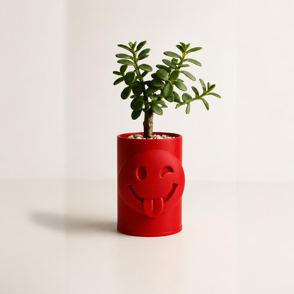 3D Baskı Emoji Planter - Göz Kırpan Yüzlü Sukulent Saksısı-Kırmızı