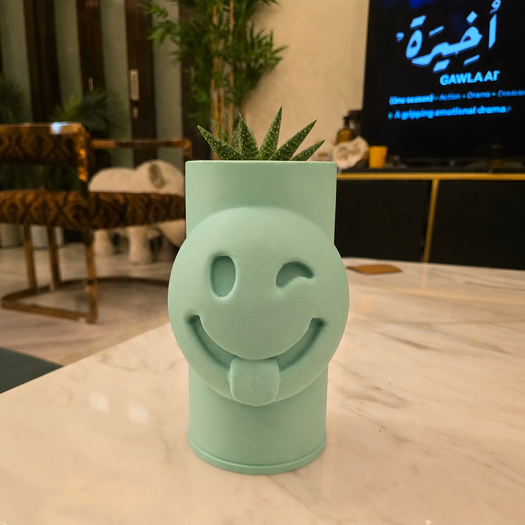 3D Baskı Emoji Planter - Göz Kırpan Yüzlü Sukulent Saksısı-Mint