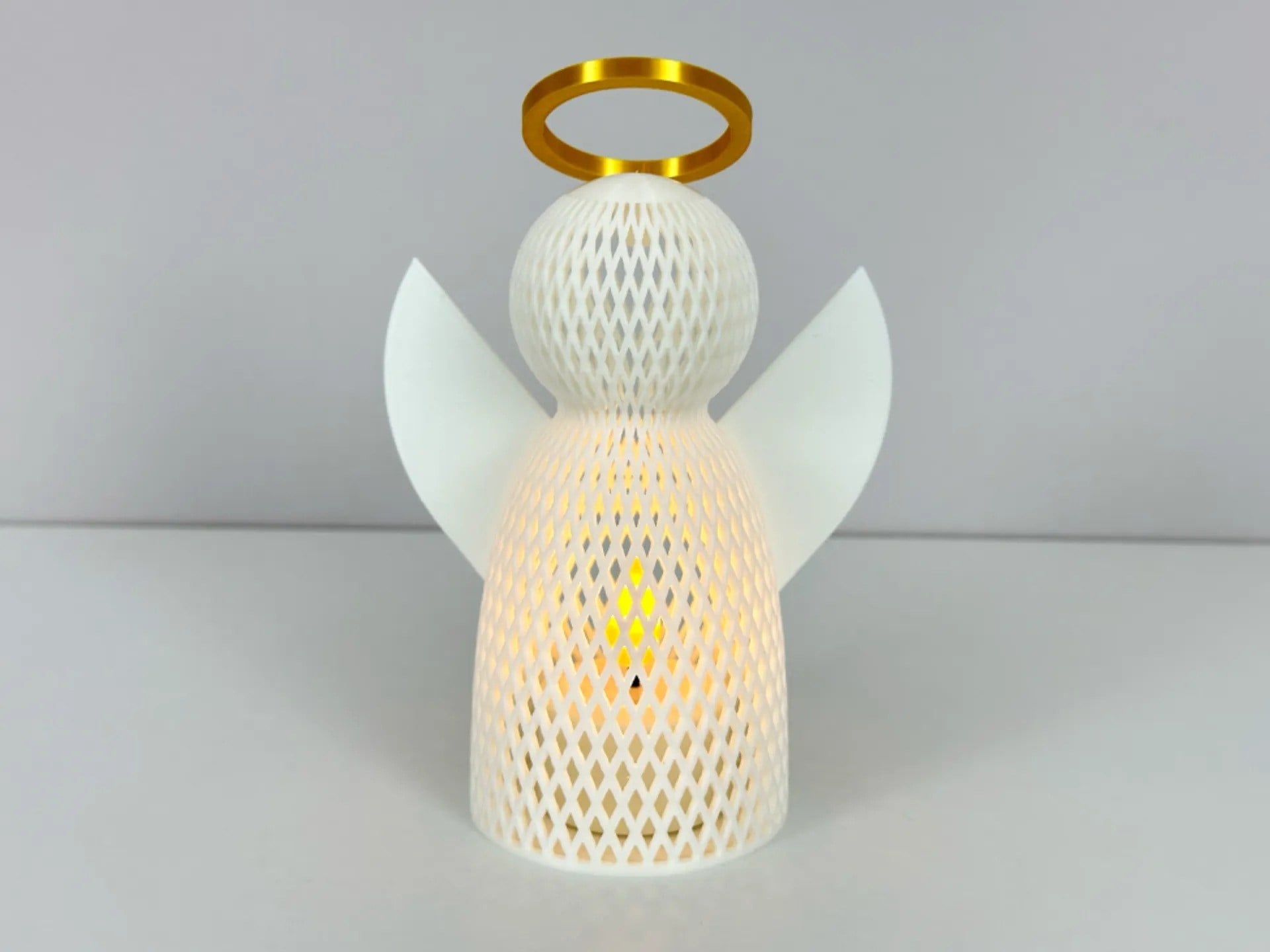 3D Baskı File Dokulu Melek Tealight Mumluk 14,5 cm Altın Haleli Dekoratif Fener Şamdan Masa Süsü