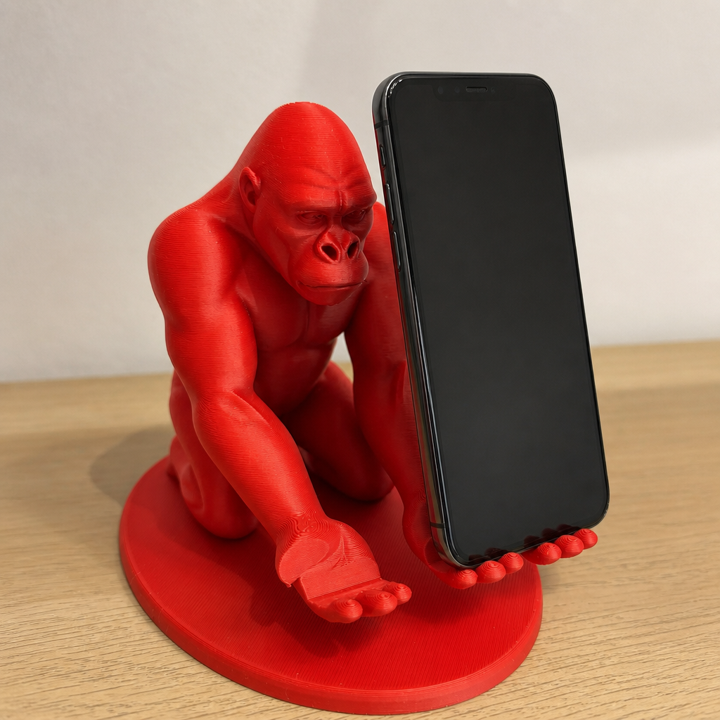 3D Baskı Goril Telefon Tutucu - Kaslı Goril Masaüstü Telefon Standı-Kırmızı