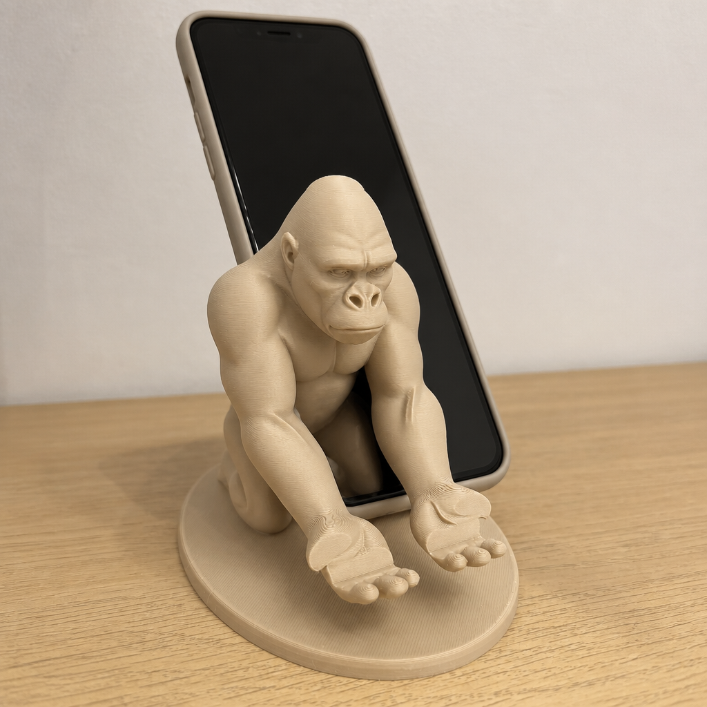 3D Baskı Goril Telefon Tutucu - Kaslı Goril Masaüstü Telefon Standı-Bej