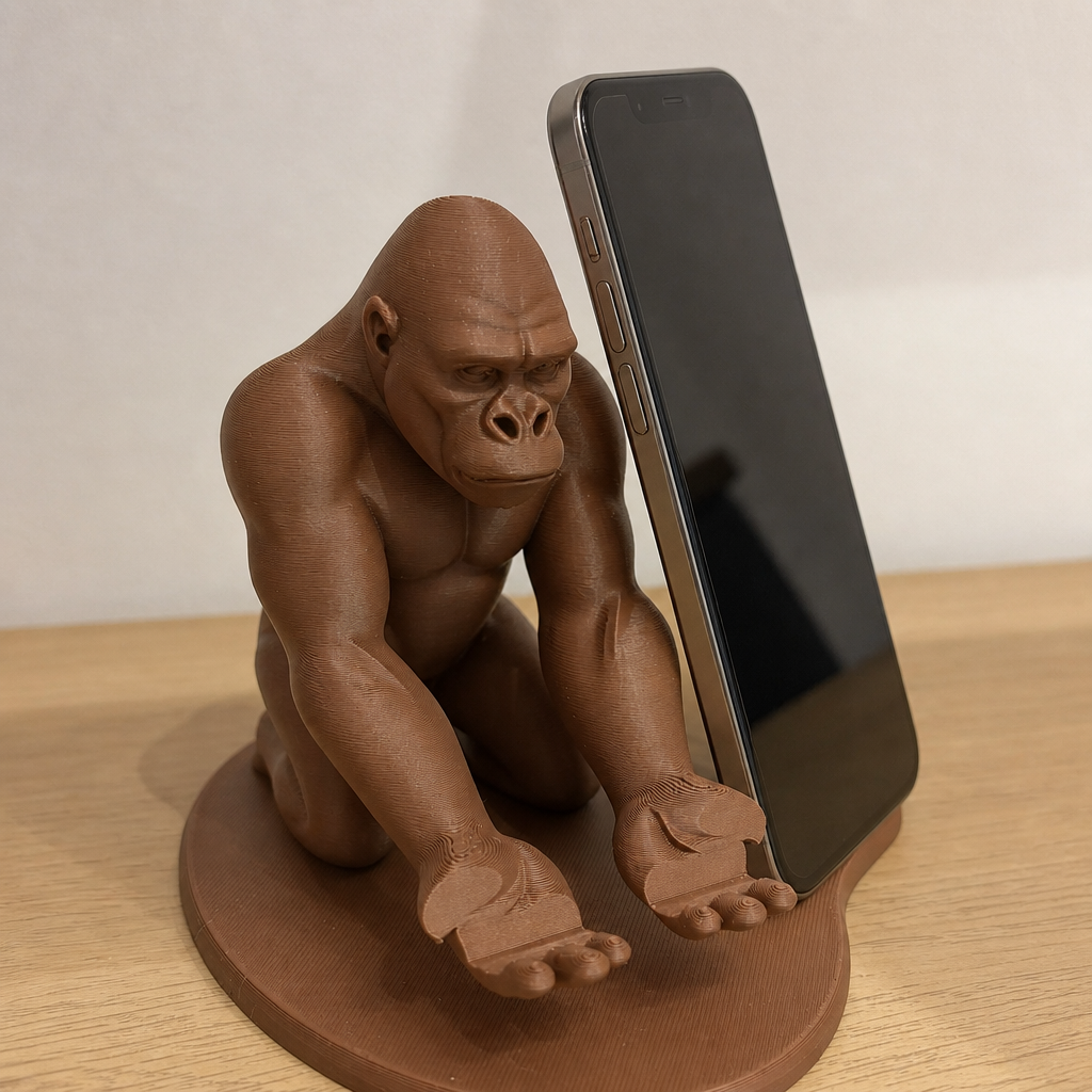3D Baskı Goril Telefon Tutucu - Kaslı Goril Masaüstü Telefon Standı-Kahverengi