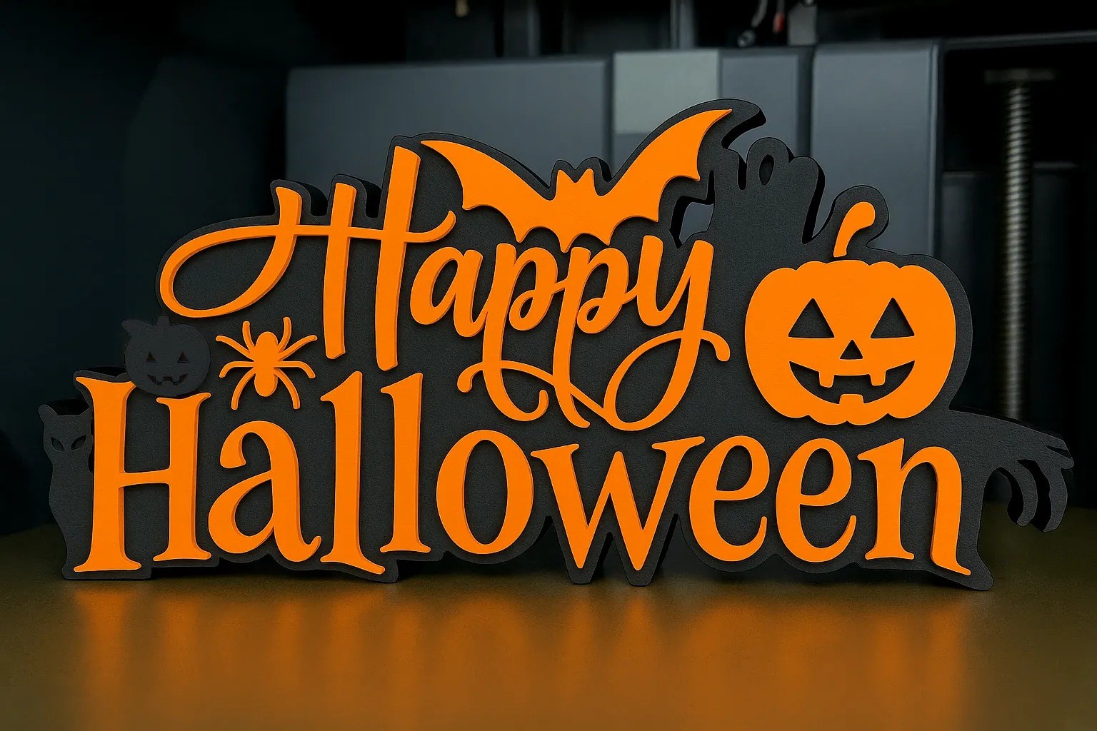 3D Baskı Happy Halloween El Yazısı Masa Süsü Katmanlı Yarasa Balkabağı Örümcek Dekor Turuncu Siyah