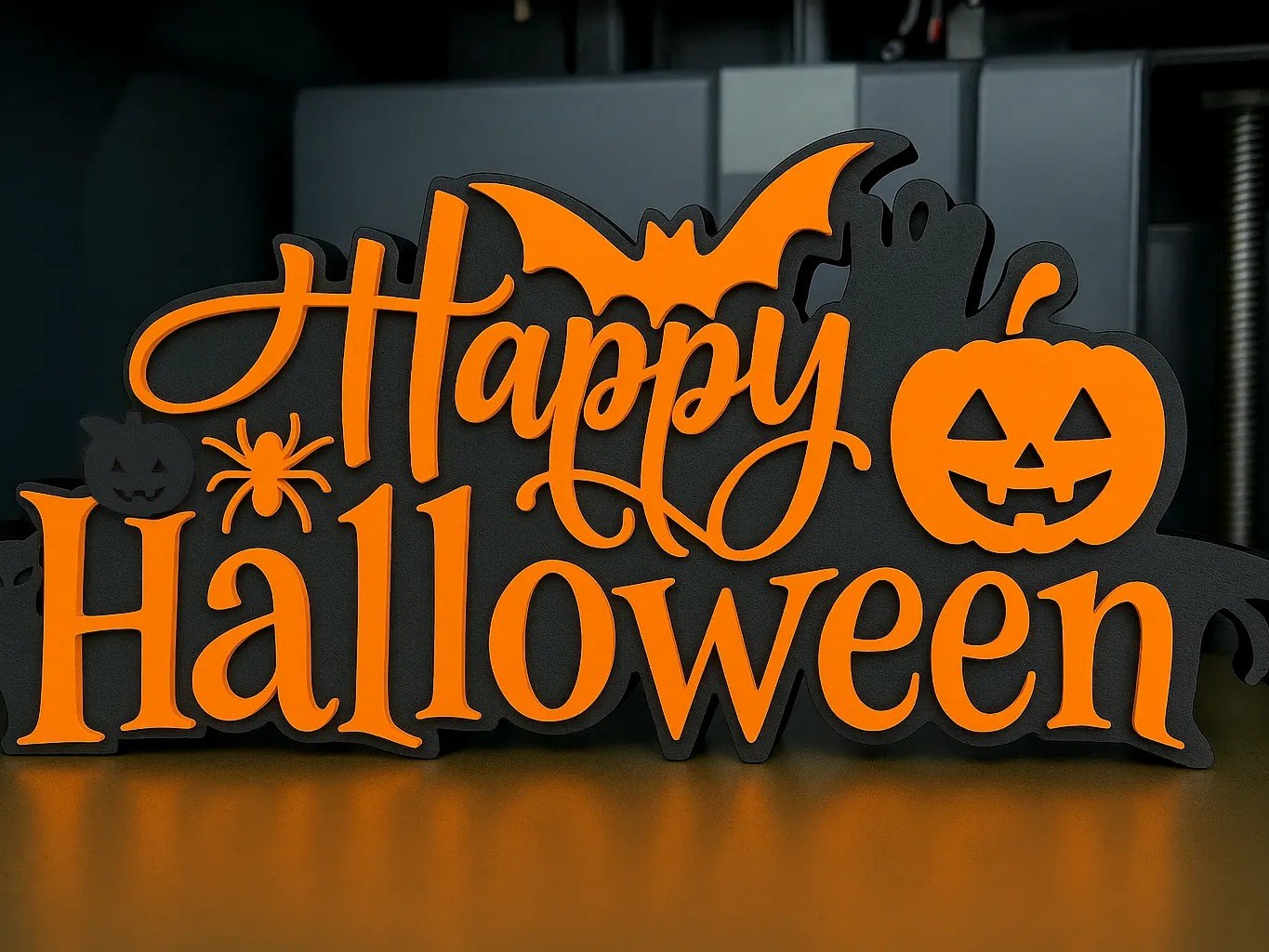 3D Baskı Happy Halloween El Yazısı Masa Süsü Katmanlı Yarasa Balkabağı Örümcek Dekor Turuncu Siyah