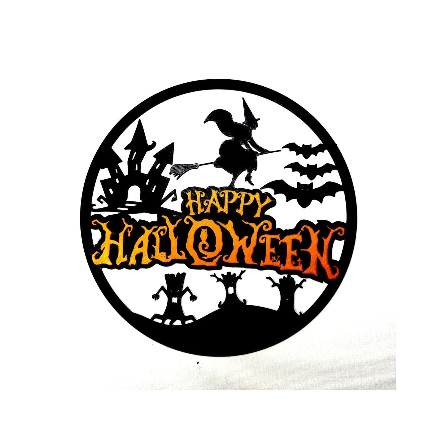3D Baskı Happy Halloween Yuvarlak Duvar Panosu Cadı Şato Yarasa Silüetli Kapı Süsü Duvar Dekoru Siyah