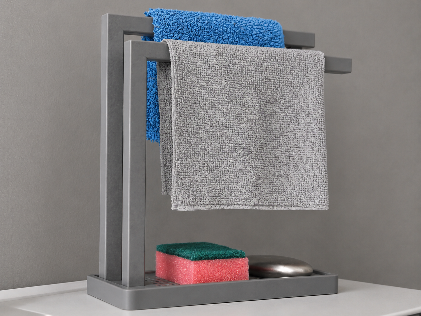 3D Baskı Havluluk ve Sabunluk Organizer - Lavabo Üstü Çok Amaçlı Düzenleyici-Gri