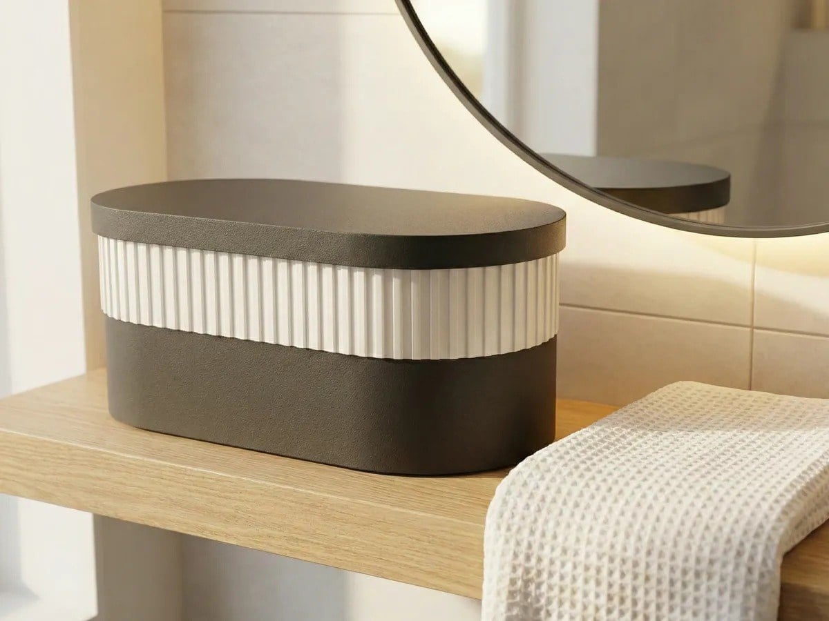 3D Baskı İki Rulo Tuvalet Kağıdı Saklama Kutusu Kapaklı Çizgili Banyo Organizeri Minimalist - Siyah Kapak