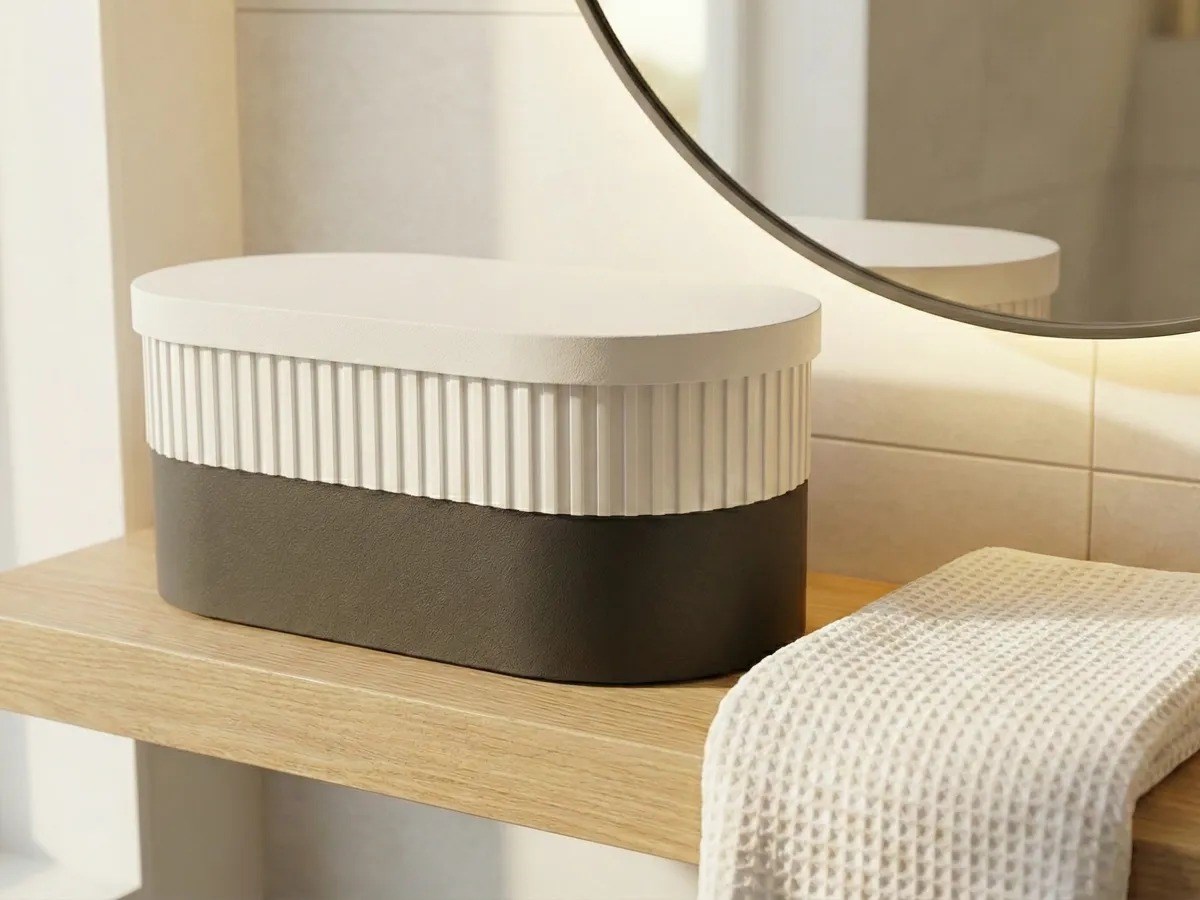 3D Baskı İki Rulo Tuvalet Kağıdı Saklama Kutusu Kapaklı Çizgili Banyo Organizeri Minimalist - Beyaz Kapak