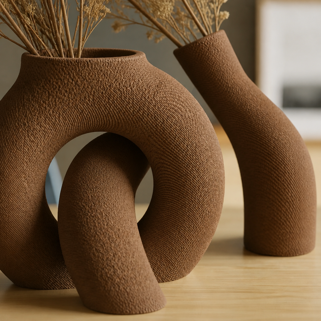 3D Baskı Interlocking Vazo - İç İçe Geçen Dekoratif Vazo-Kahverengi