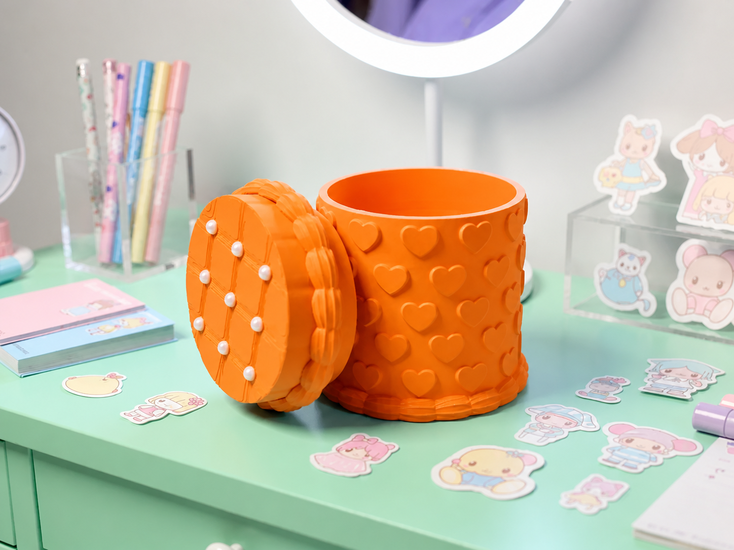 3D Baskı Kabartma Kalp Desenli Kapaklı Kalemlik - Masaüstü Organizer - Turuncu