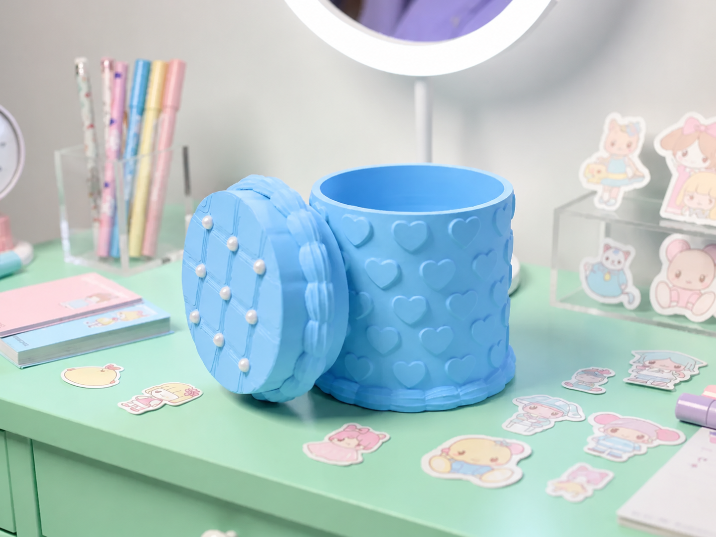 3D Baskı Kabartma Kalp Desenli Kapaklı Kalemlik - Masaüstü Organizer - Mavi
