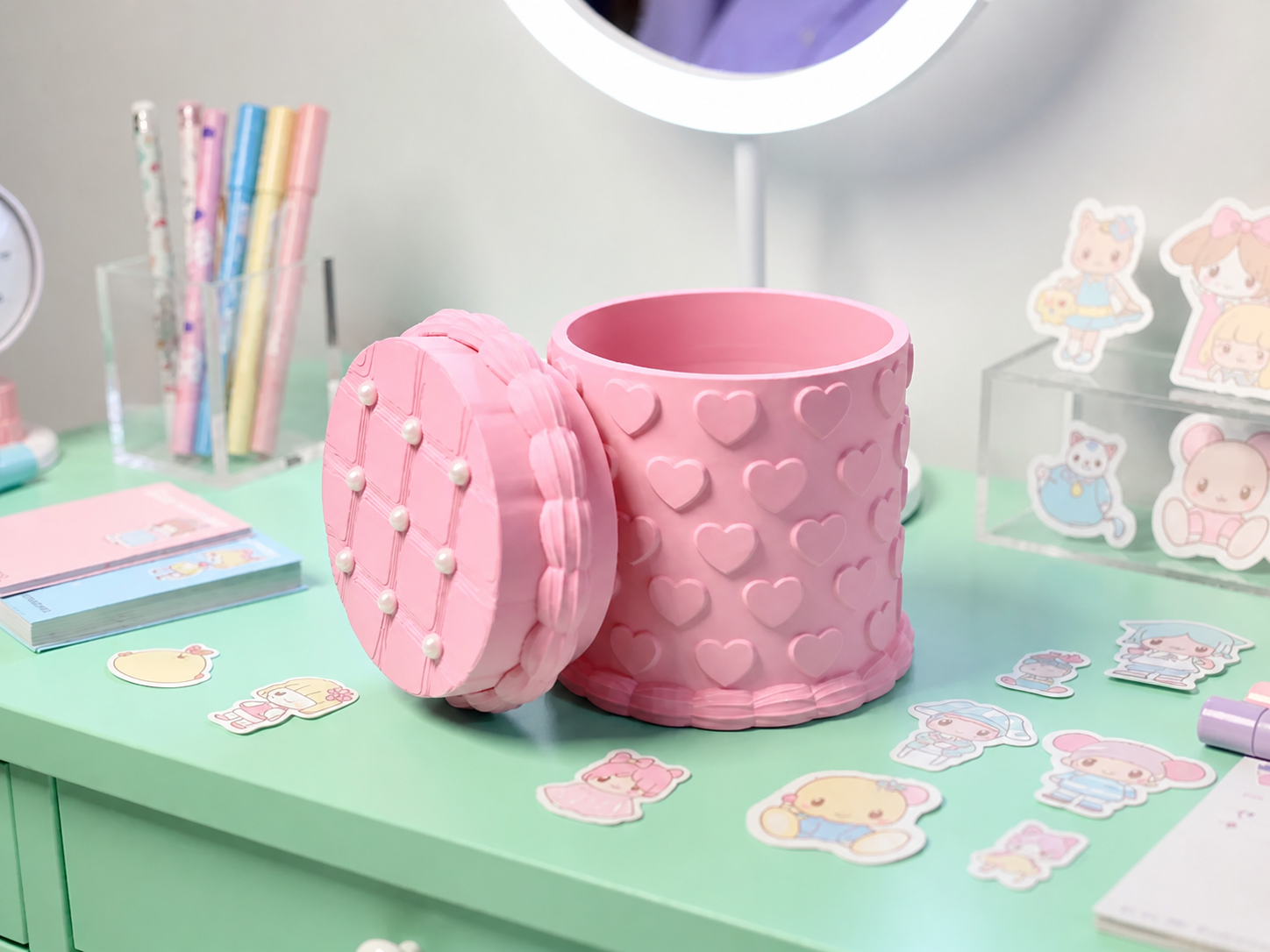 3D Baskı Kabartma Kalp Desenli Kapaklı Kalemlik - Masaüstü Organizer - Pembe