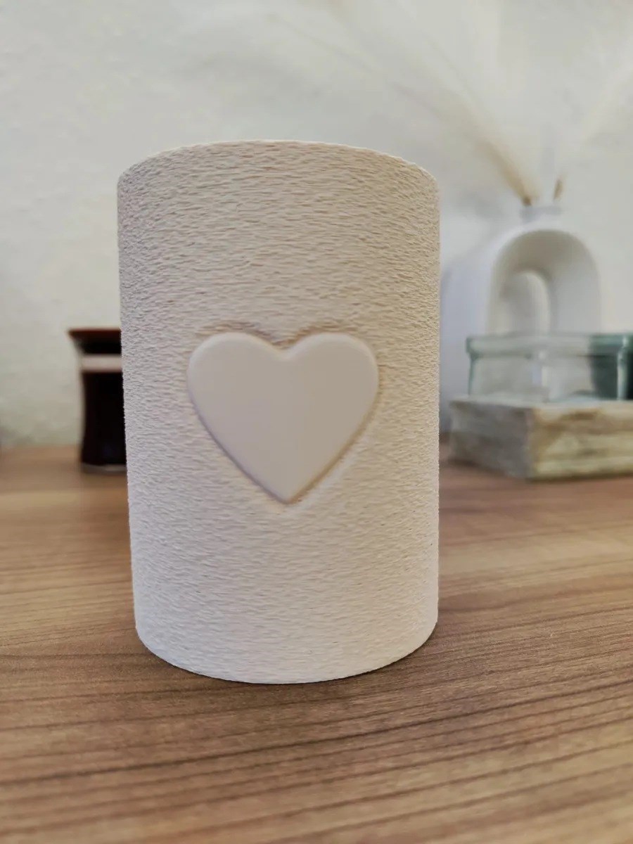 3D Baskı Kalp Motifli Silindir Kalemlik Makyaj Fırçası Organizeri Kabartma Kalpli Masaüstü - Beyaz