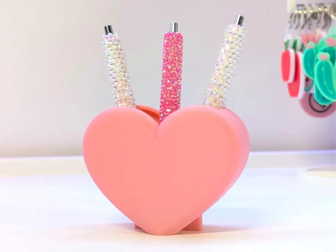 3D Baskı Kalp Şekilli Kalemlik - Masaüstü Organizer - Pembe