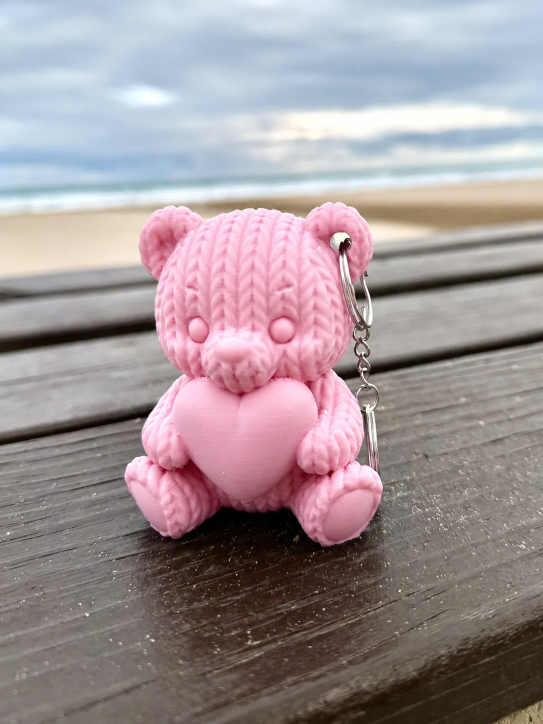 3D Baskı Kalpli Örgü Ayıcık Anahtarlık - Sevimli Çanta Süsü-Pembe