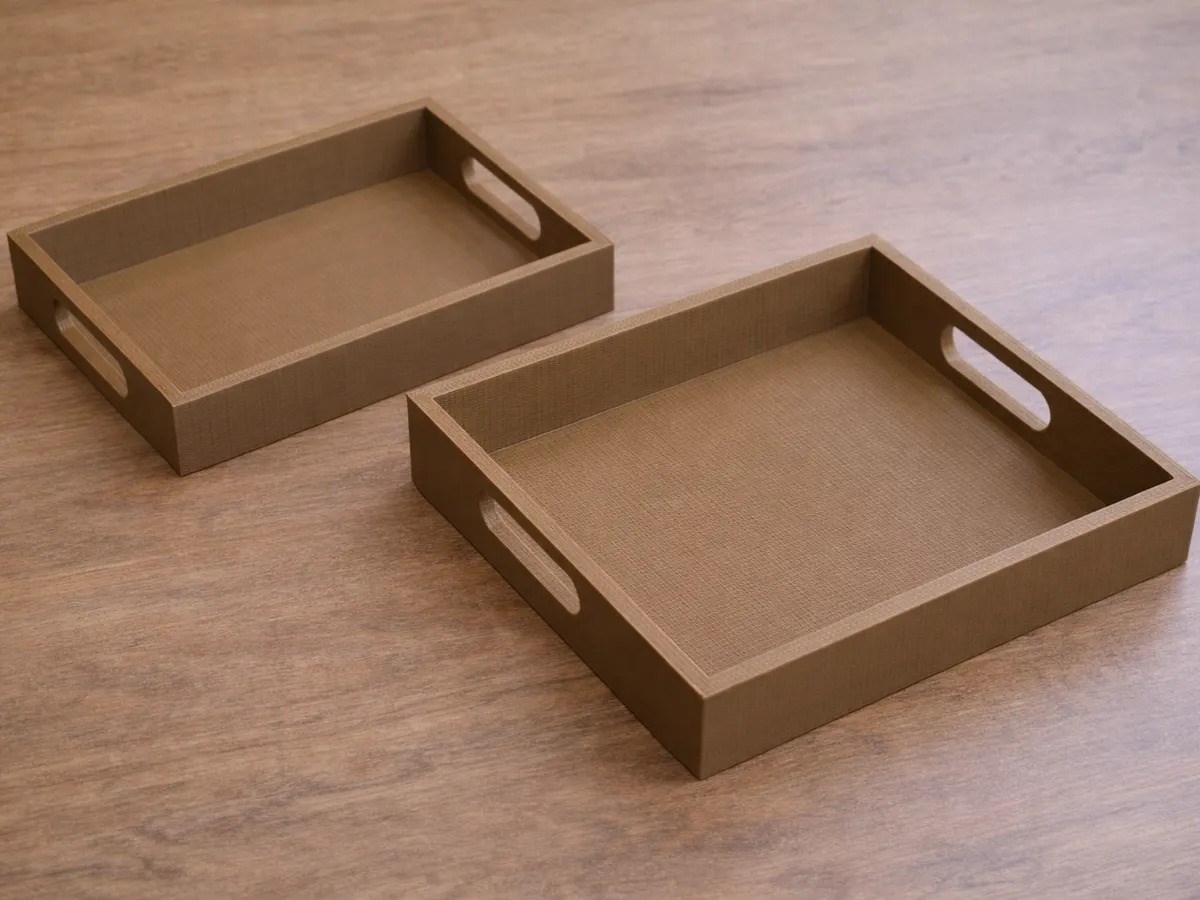 3D Baskı Kare ve Dikdörtgen 2'li Servis Tepsisi Seti Kulplu Modern Sunum Tepsisi Kahverengi