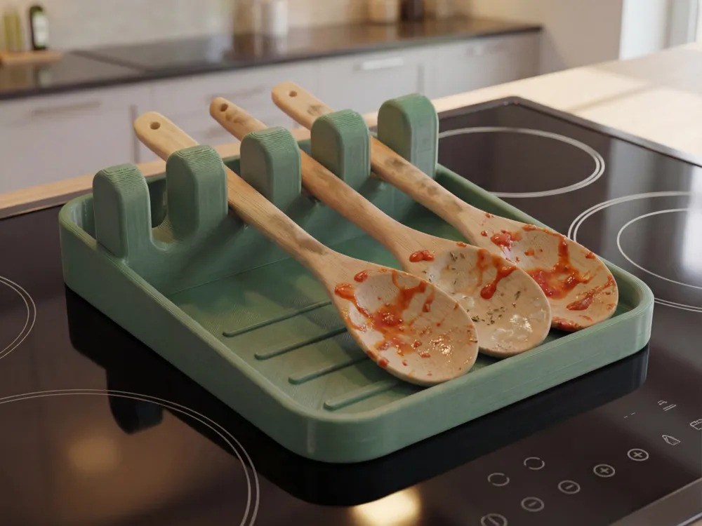 3D Baskı Kaşıklık ve Tencere Kapağı Tutucu Damlalık Tepsisi Ocak Başı Mutfak Standı Kepçelik Yeşil