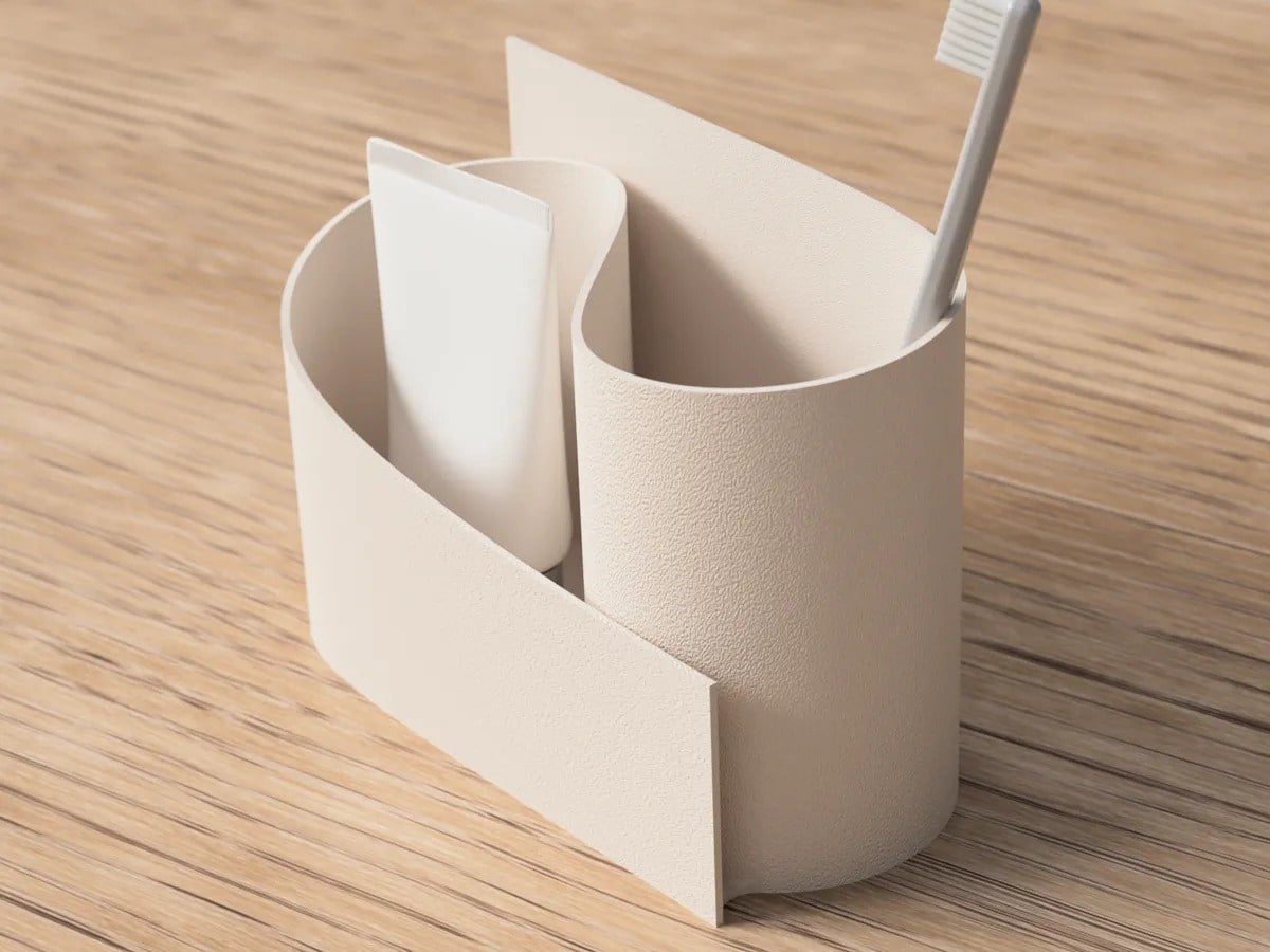 3D Baskı Kavisli Diş Fırçası ve Küçük Eşya Tutucu Masa ve Banyo Organizeri Modern Minimal Düzenleyici - Krem