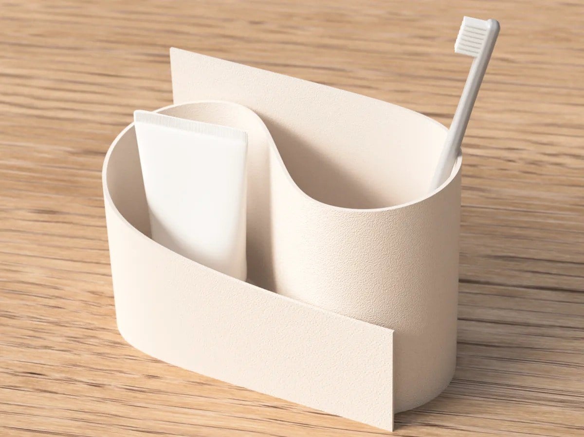 3D Baskı Kavisli Diş Fırçası ve Küçük Eşya Tutucu Masa ve Banyo Organizeri Modern Minimal Düzenleyici - Krem