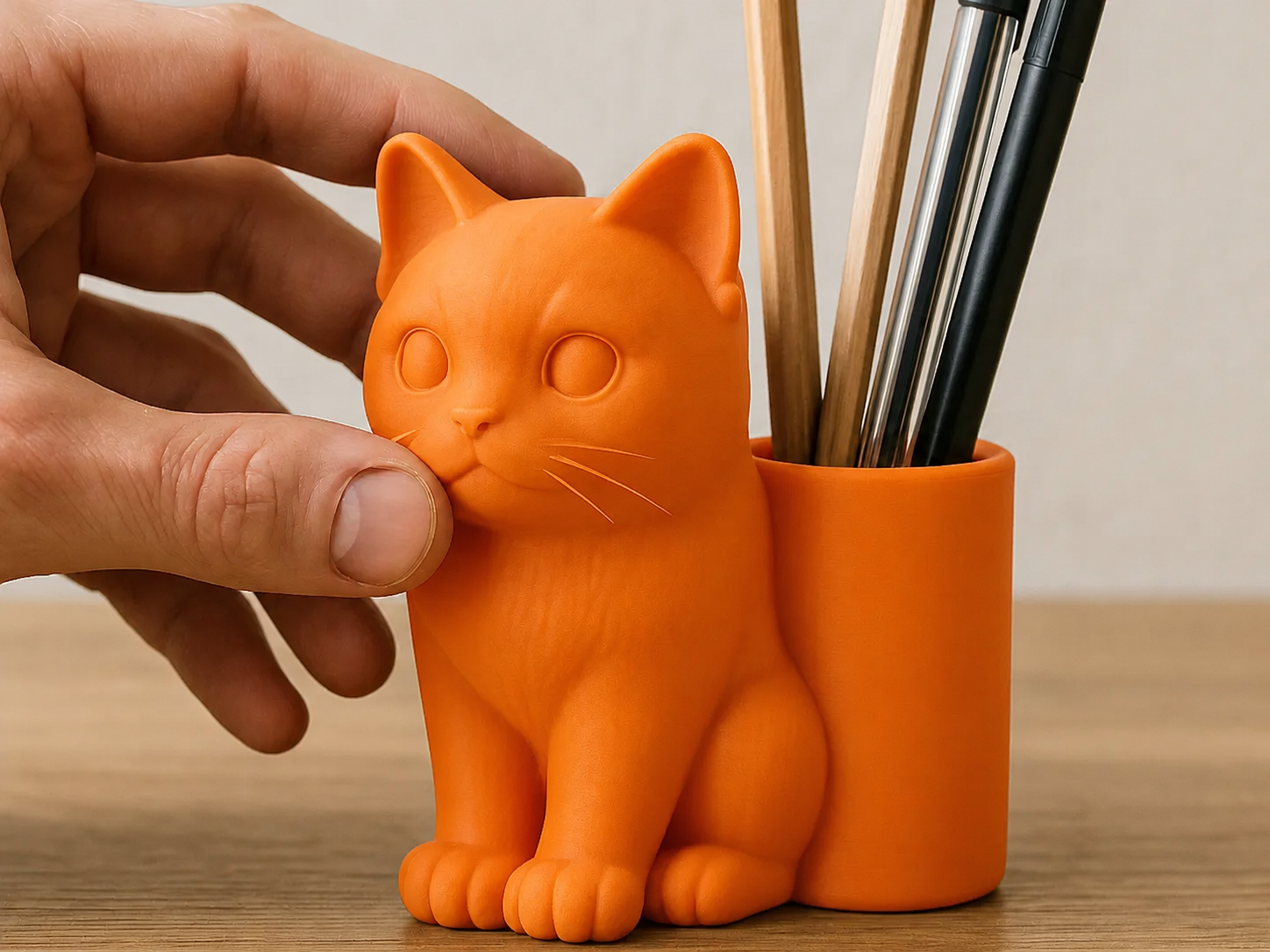 3D Baskı Kedi Figürlü Kalemlik - Masaüstü Organizer - Turuncu