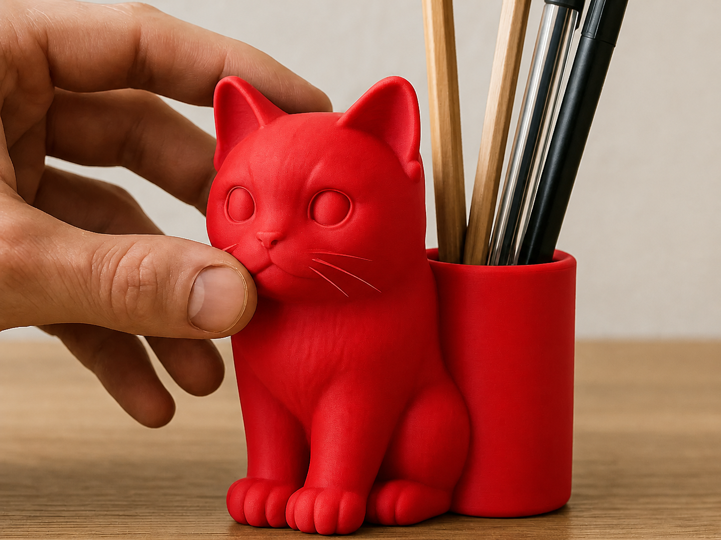 3D Baskı Kedi Figürlü Kalemlik - Masaüstü Organizer - Kırmızı