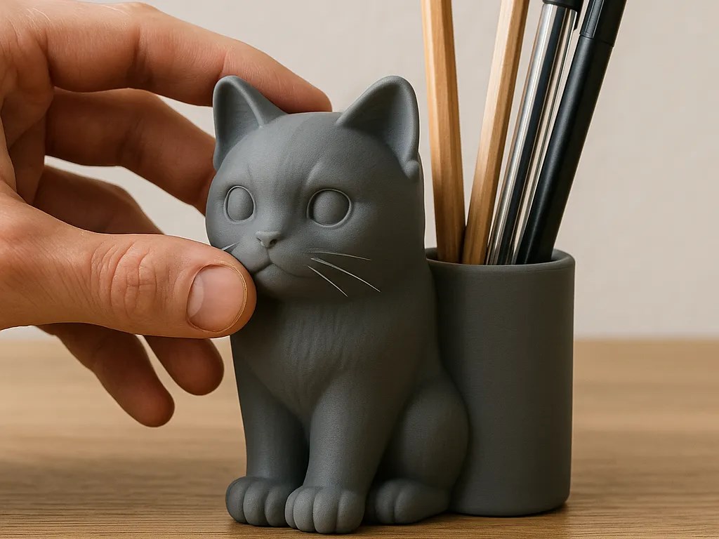 3D Baskı Kedi Figürlü Kalemlik - Masaüstü Organizer - Gri