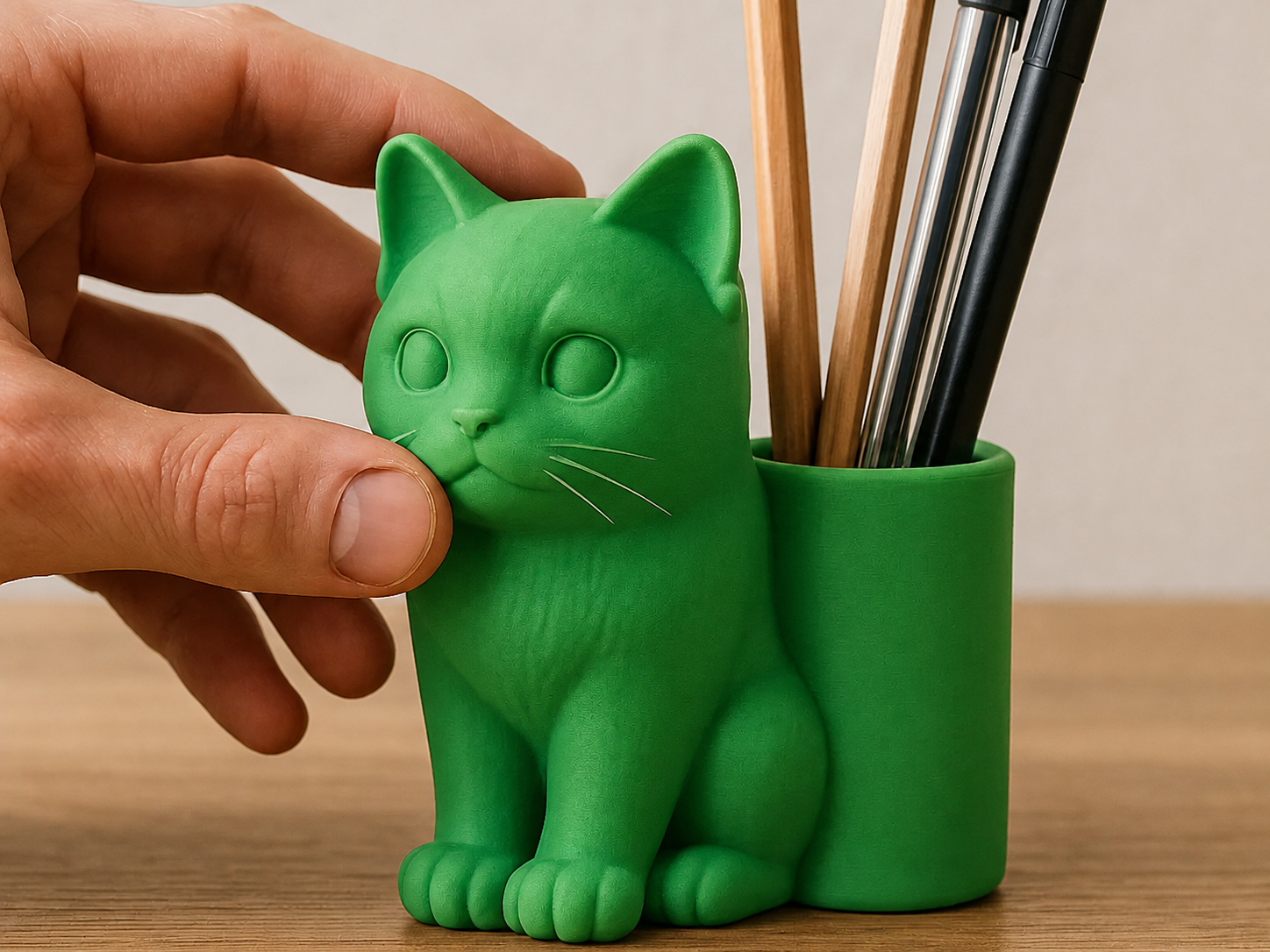 3D Baskı Kedi Figürlü Kalemlik - Masaüstü Organizer - Yeşil