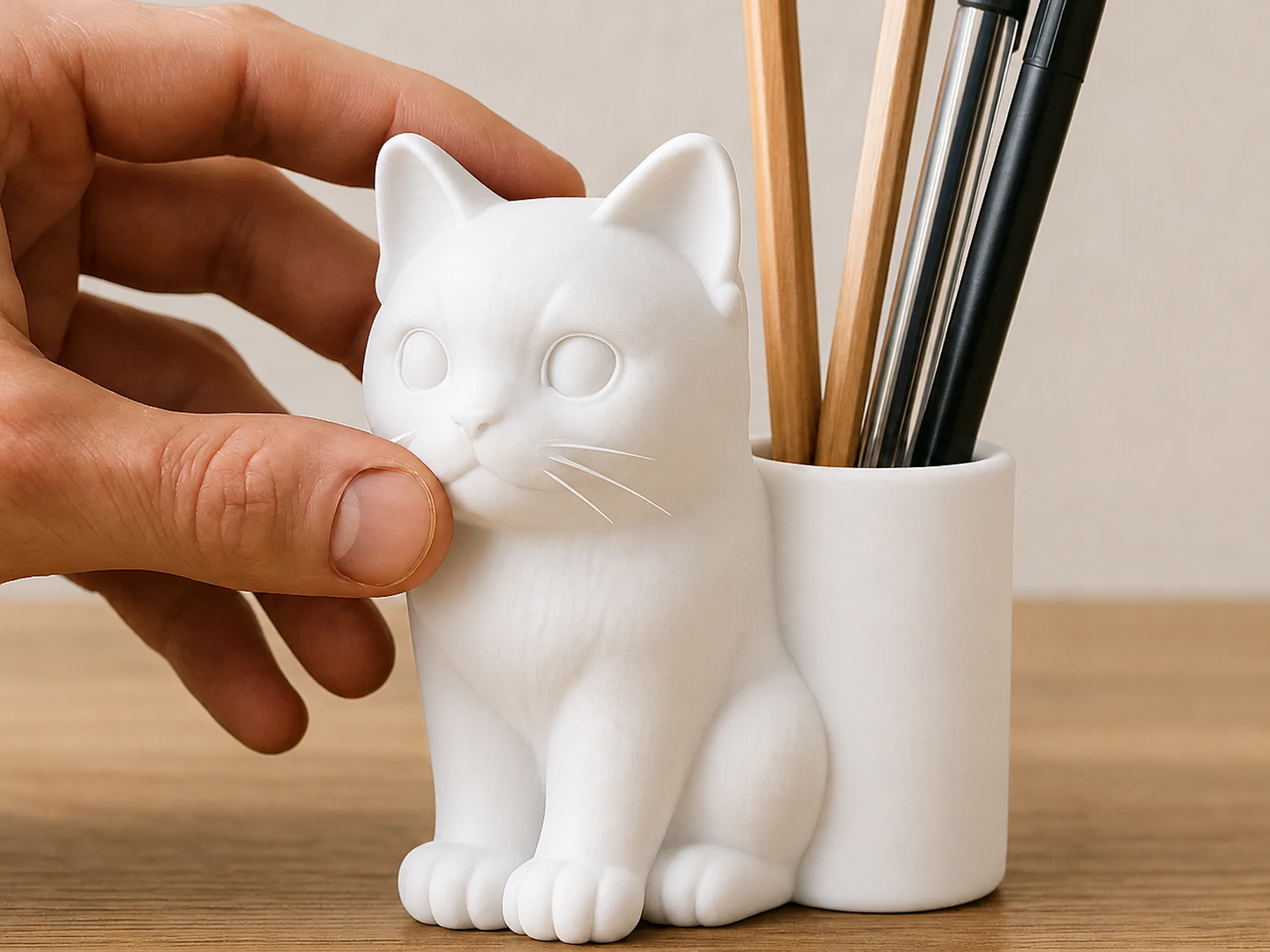 3D Baskı Kedi Figürlü Kalemlik - Masaüstü Organizer - Beyaz