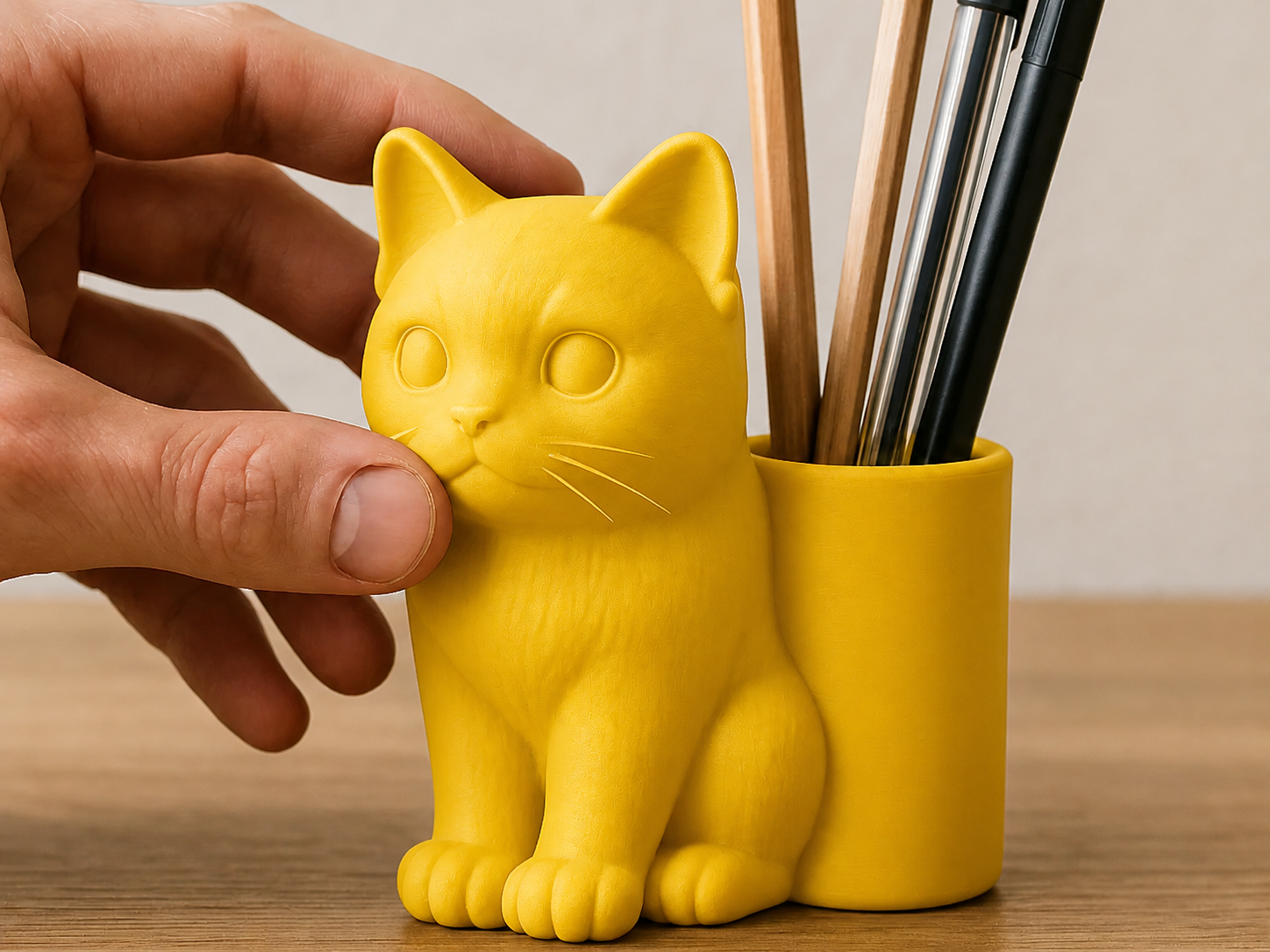 3D Baskı Kedi Figürlü Kalemlik - Masaüstü Organizer - Sarı
