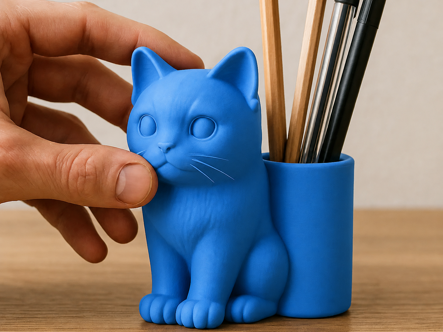 3D Baskı Kedi Figürlü Kalemlik - Masaüstü Organizer - Mavi