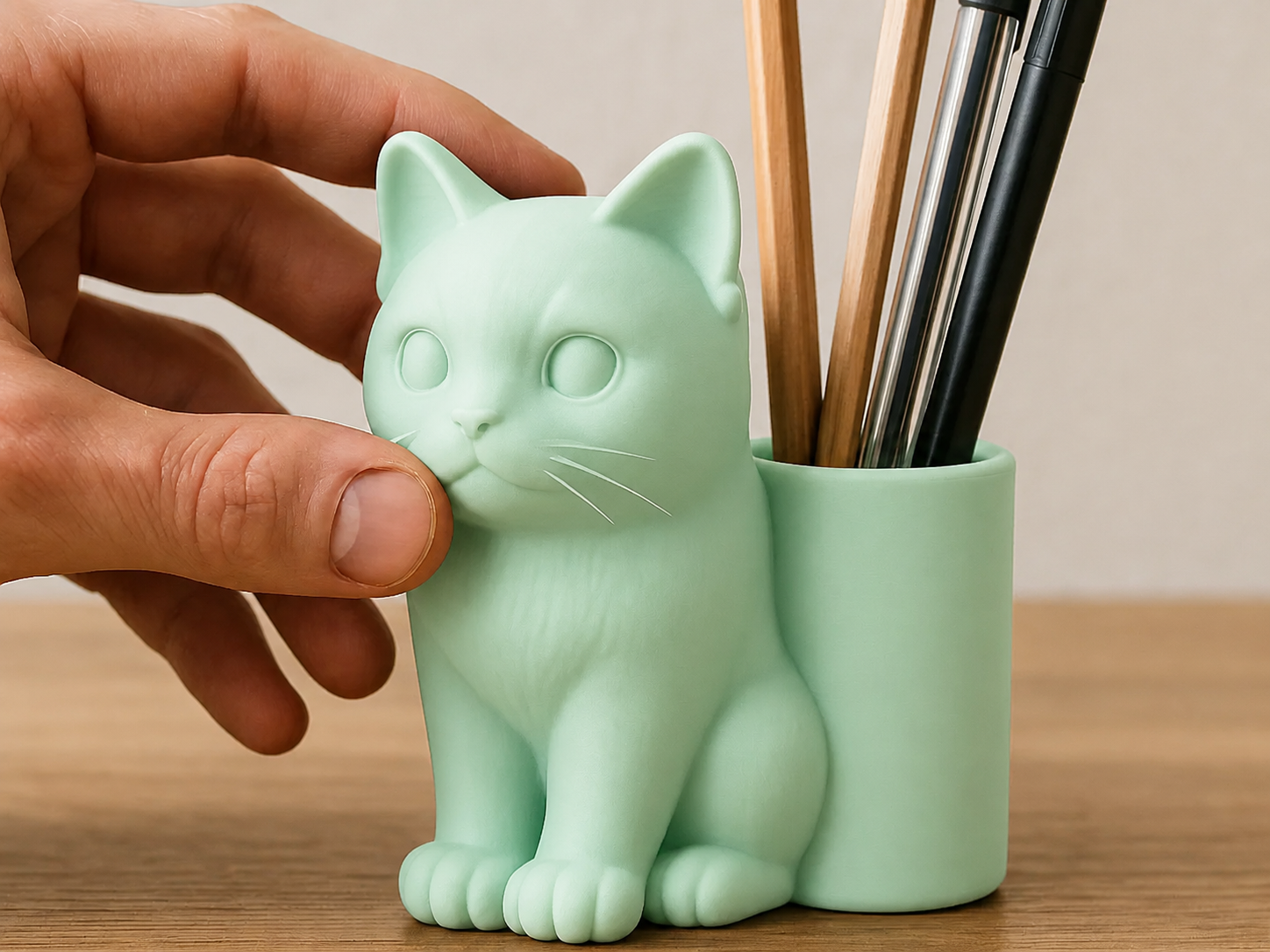 3D Baskı Kedi Figürlü Kalemlik - Masaüstü Organizer - Mint