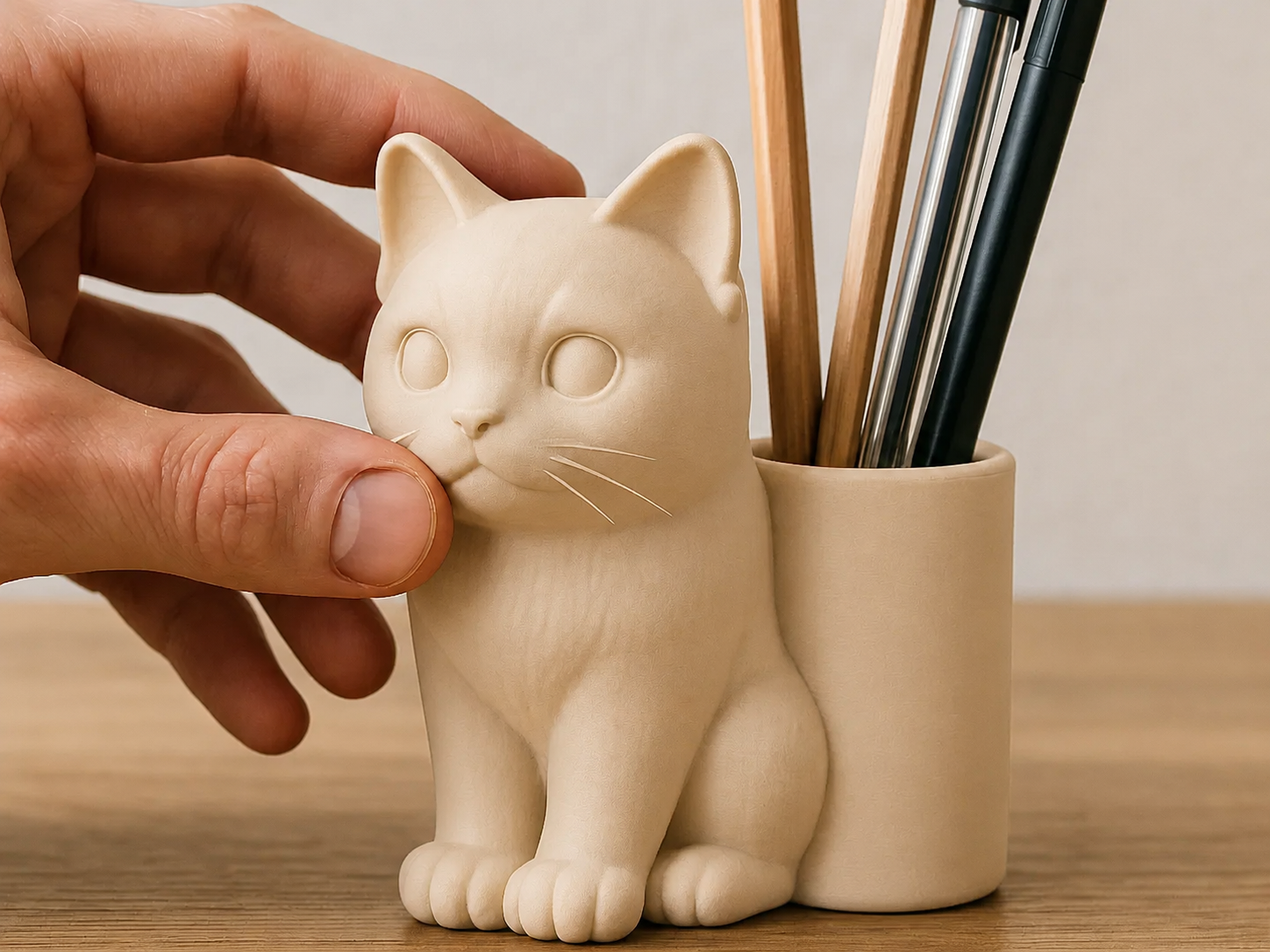 3D Baskı Kedi Figürlü Kalemlik - Masaüstü Organizer - Bej