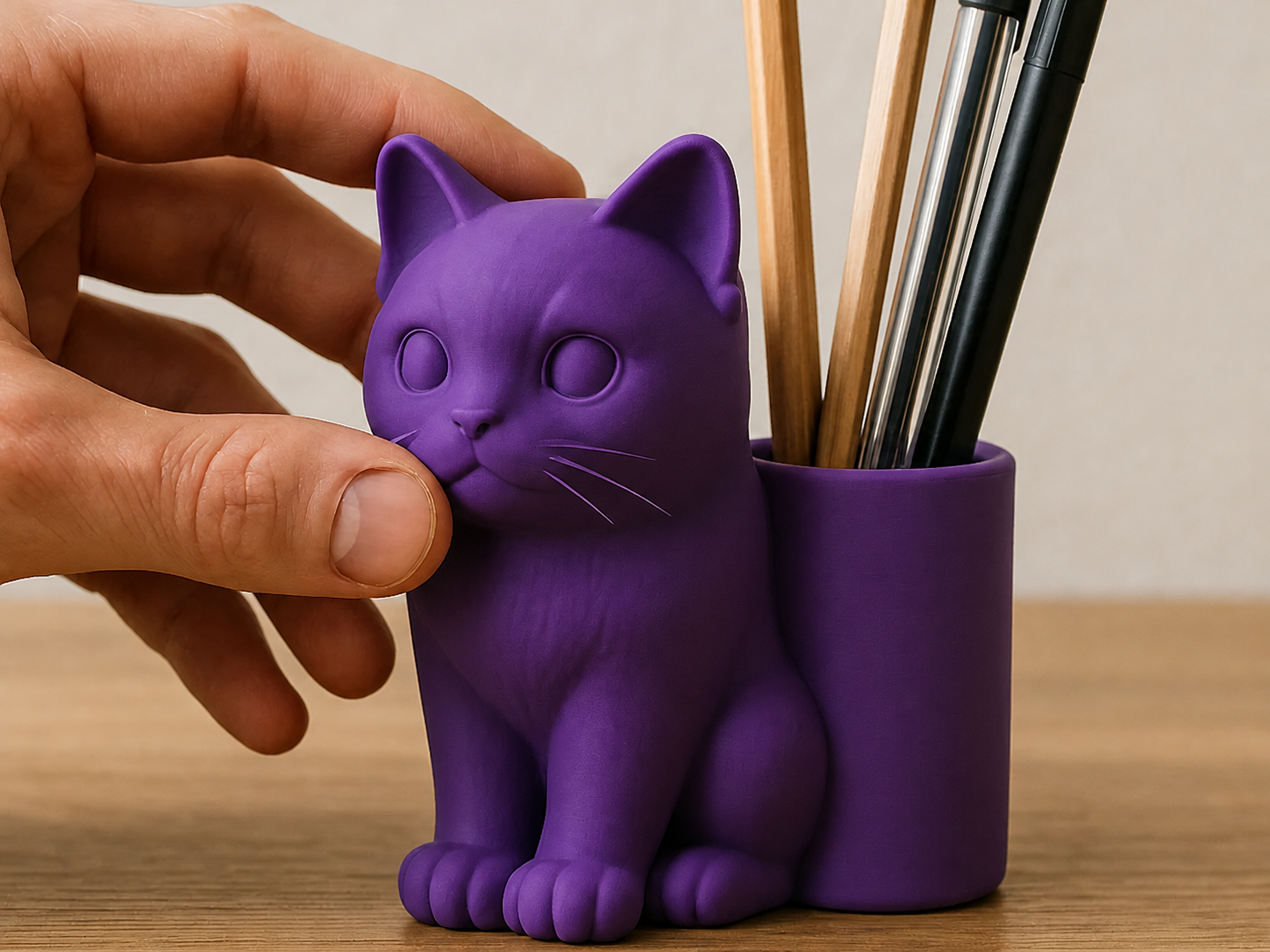 3D Baskı Kedi Figürlü Kalemlik - Masaüstü Organizer - Mor