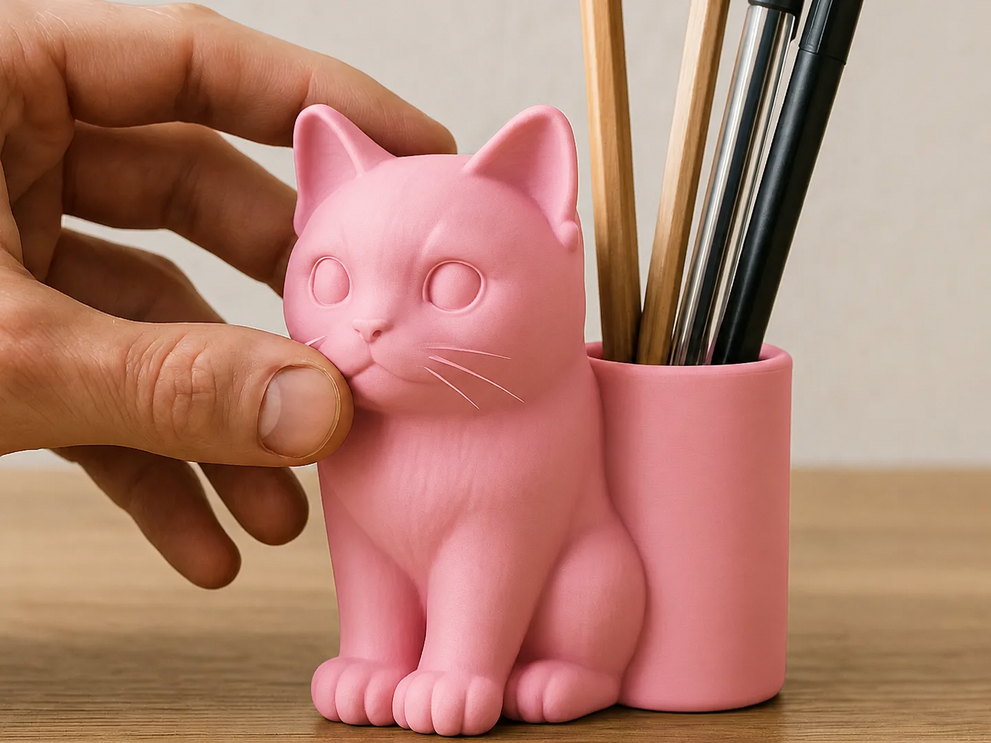 3D Baskı Kedi Figürlü Kalemlik - Masaüstü Organizer - Pembe
