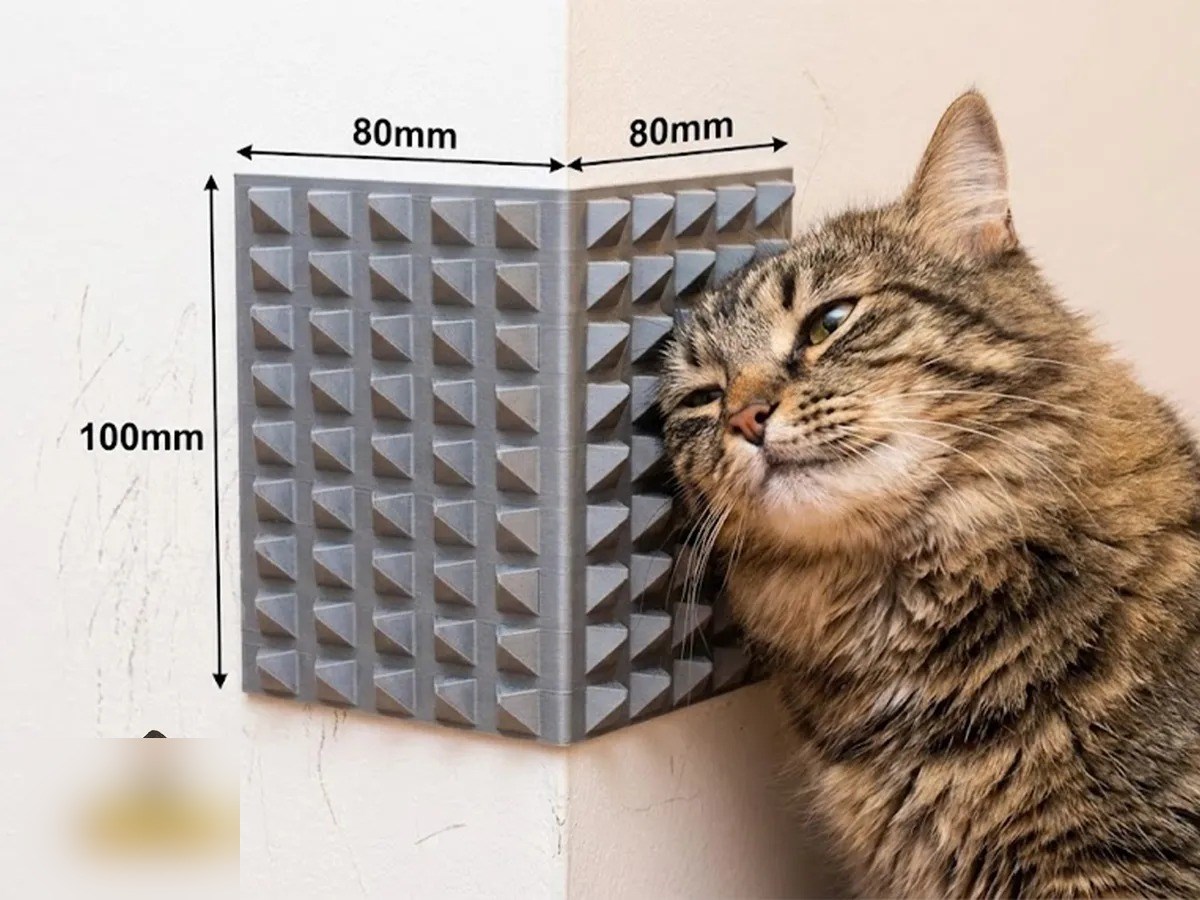 3D Baskı Kedi Köşe Sürtünme Aparatı Duvar Köşe Koruyucu Kedi Tırmalama Yüzeyi Piramit Dokulu Gri