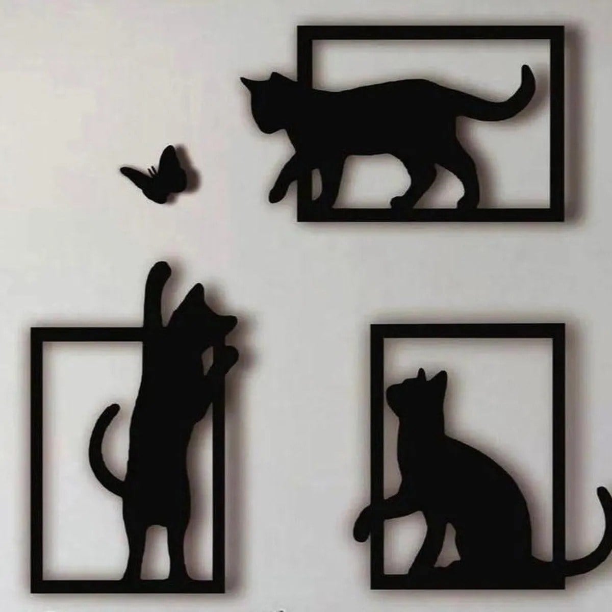 3D Baskı Kedi ve Kelebek Duvar Dekoru 3'lü Set Siyah Kedi Silüeti Duvar Süsü