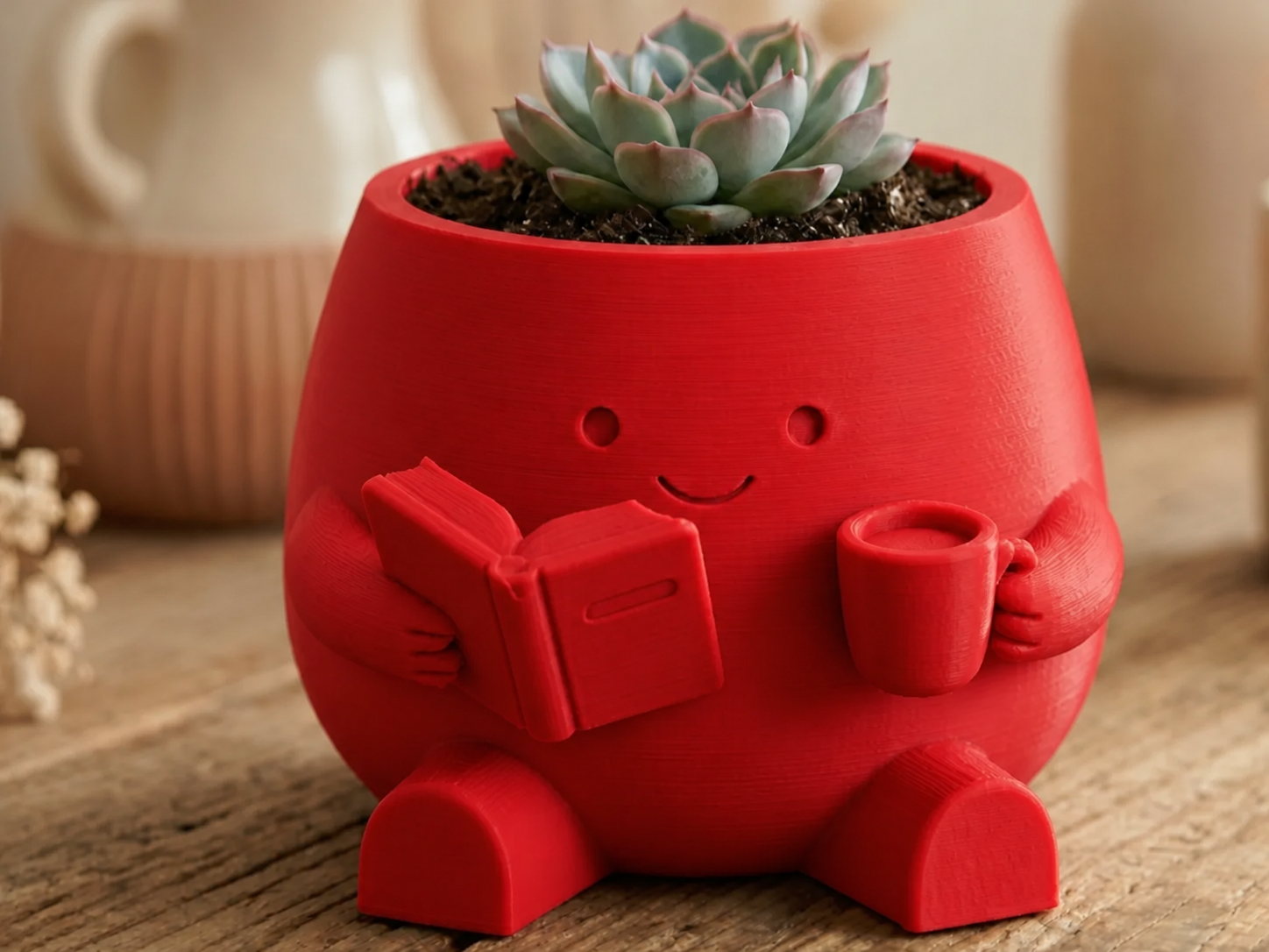 3D Baskı Kitap Okuyan Saksı - Kupa Tutan Sevimli Saksı-Kırmızı