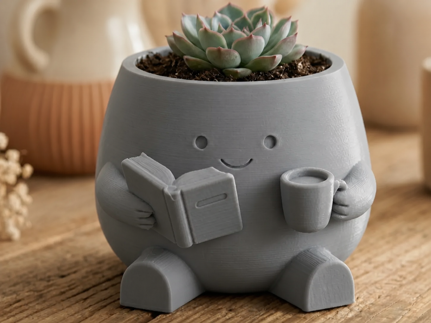 3D Baskı Kitap Okuyan Saksı - Kupa Tutan Sevimli Saksı-Gri