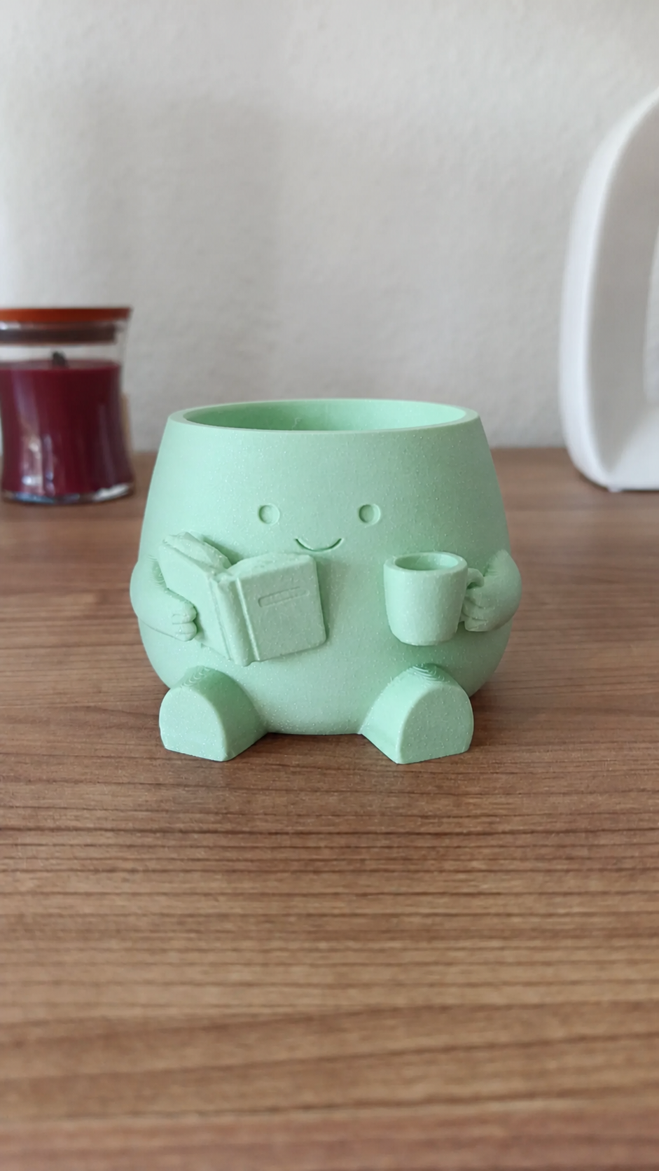 3D Baskı Kitap Okuyan Saksı - Kupa Tutan Sevimli Saksı-Mint