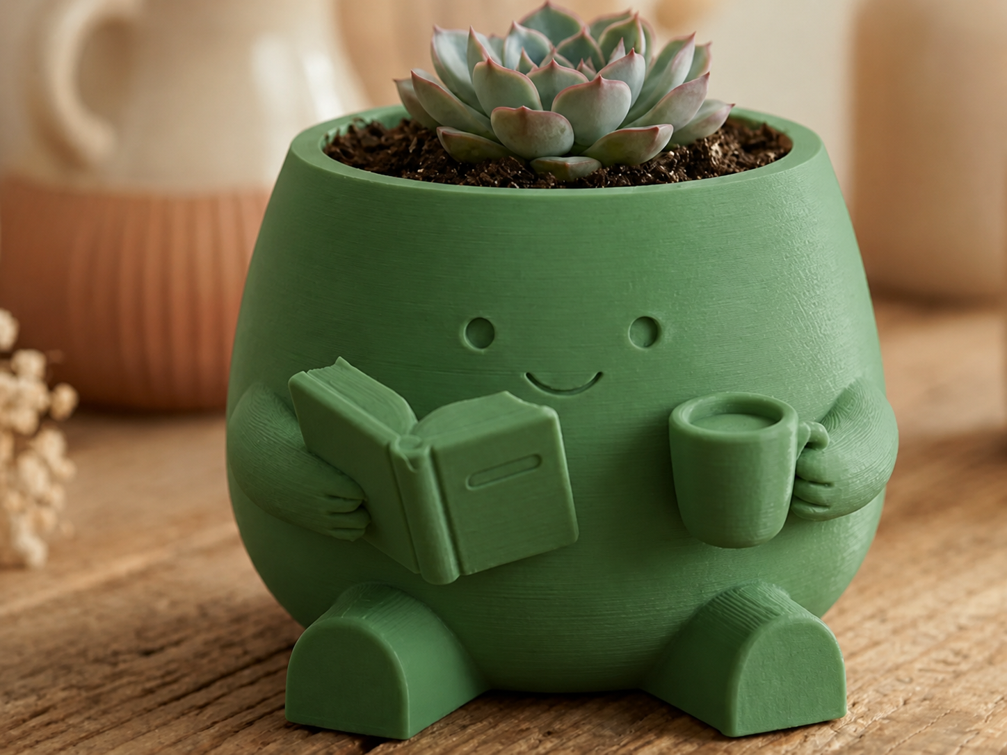 3D Baskı Kitap Okuyan Saksı - Kupa Tutan Sevimli Saksı-Yeşil